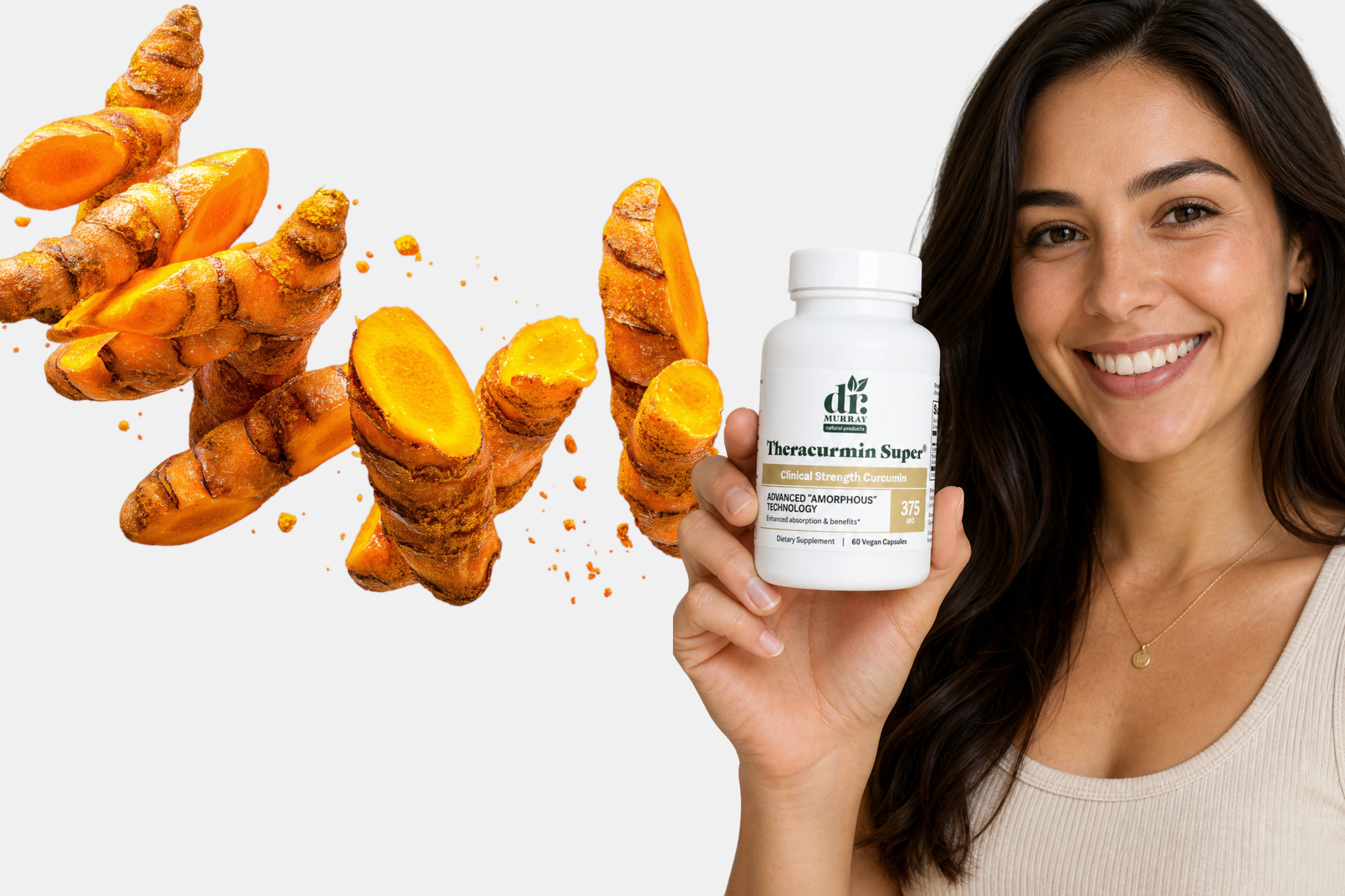 Smiling lady holding bottle of Theracurmin with curcumin in the background