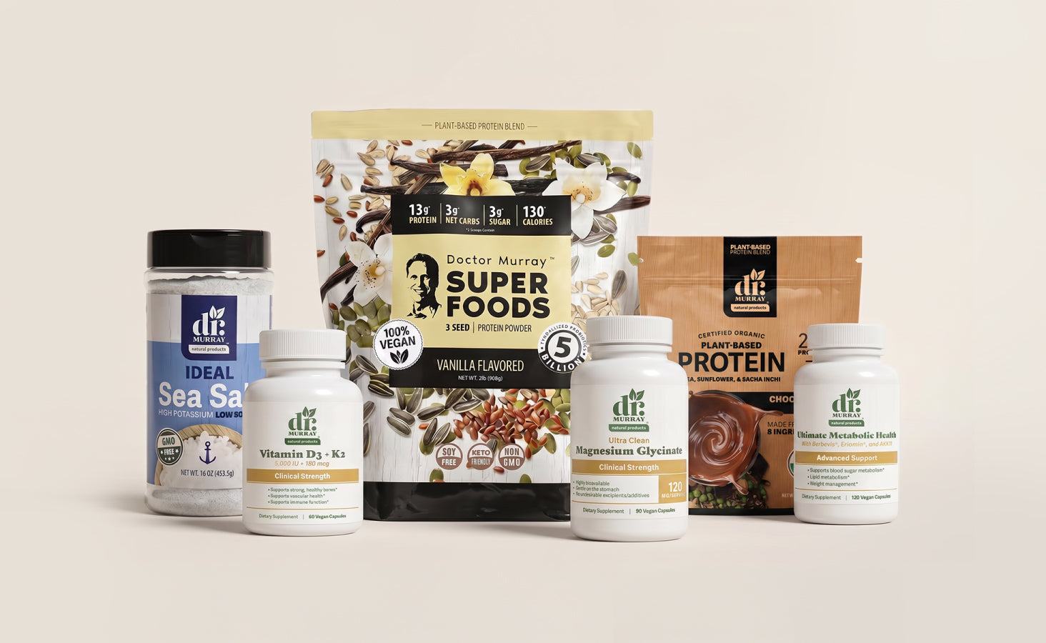 Assorted health and fitness products including protein powders, supplements, and sea salt on a light background