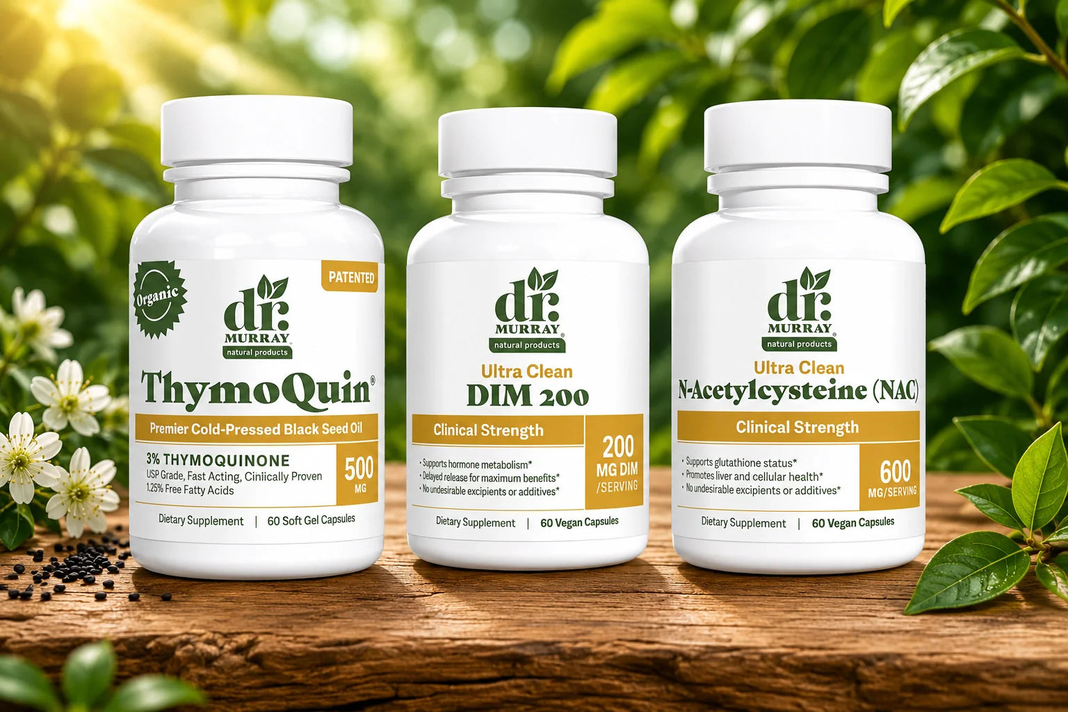 Three bottles of Dr. Murray Natural Products supplements on a wood table outside with greenery