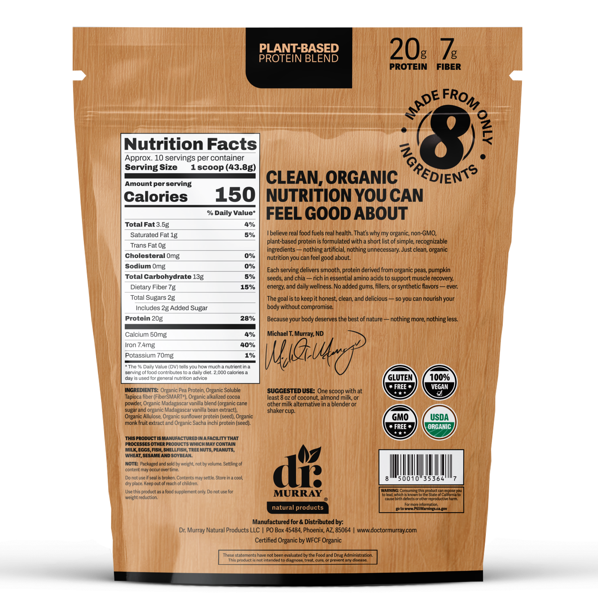 Dr. Murray's Organic Plant Based Protein Powder USDA Organic Certified - Chocolate - 16 oz package back view with nutrition facts