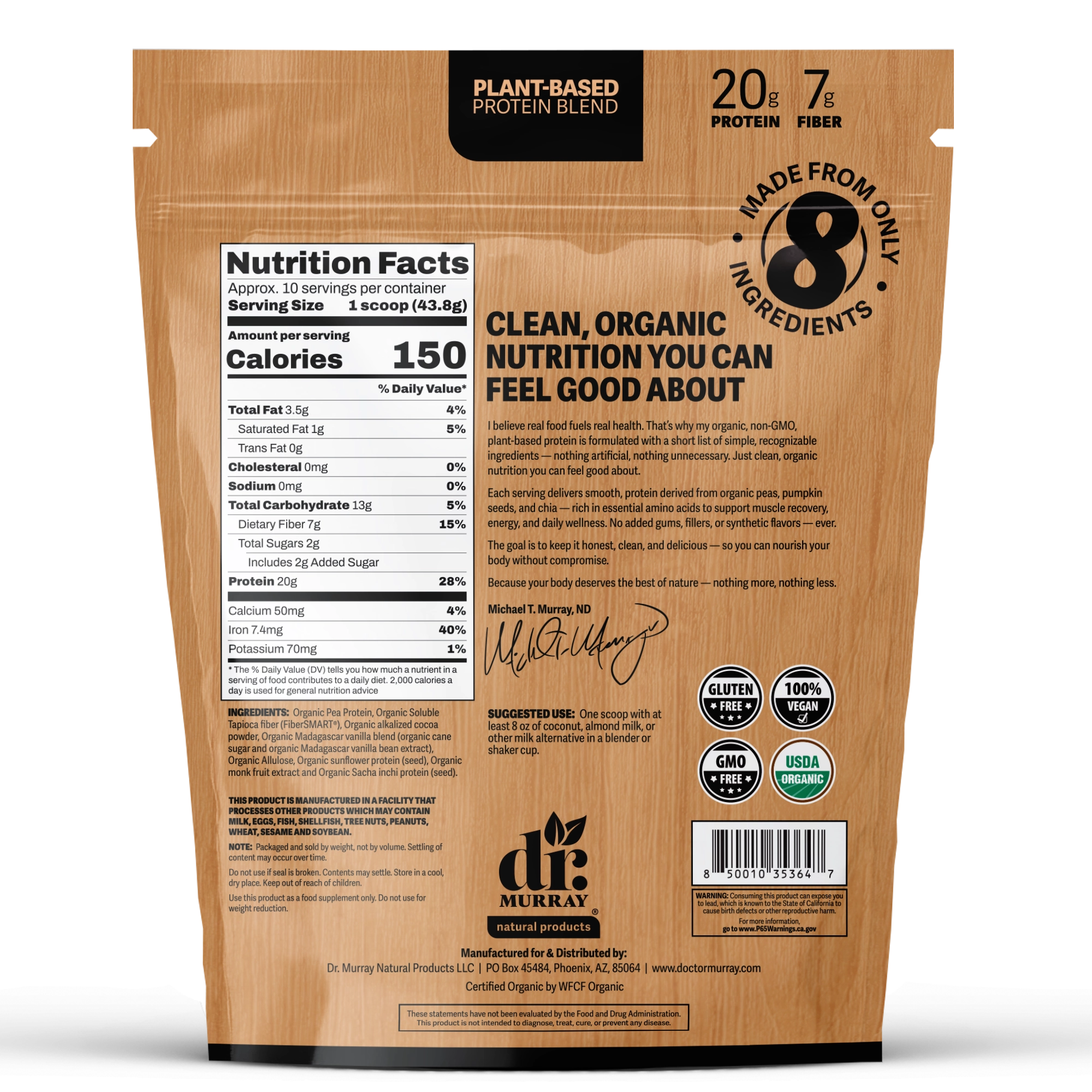 Dr. Murray's Organic Plant Based Protein Powder USDA Organic Certified - Chocolate - 16 oz package back view with nutrition facts