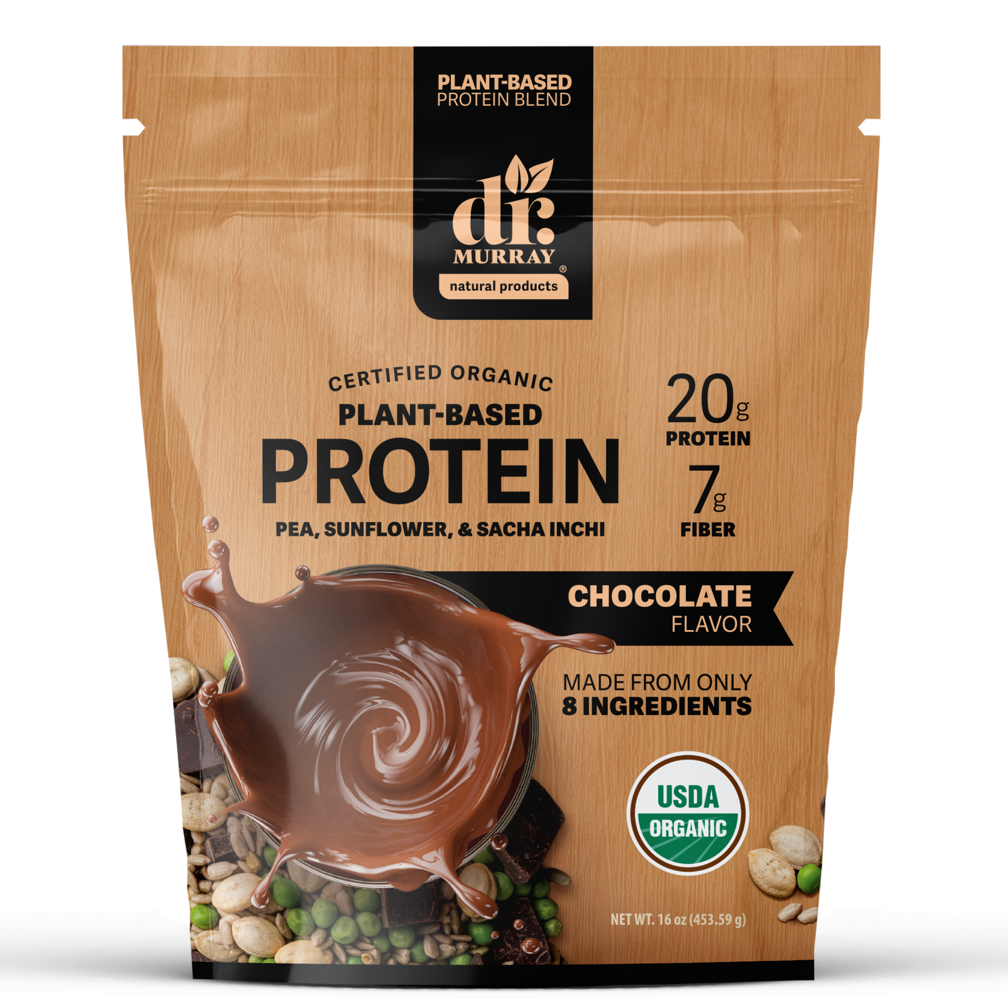 Dr. Murray's Organic Plant Based Protein Powder USDA Organic Certified - Chocolate - 16 oz package front view