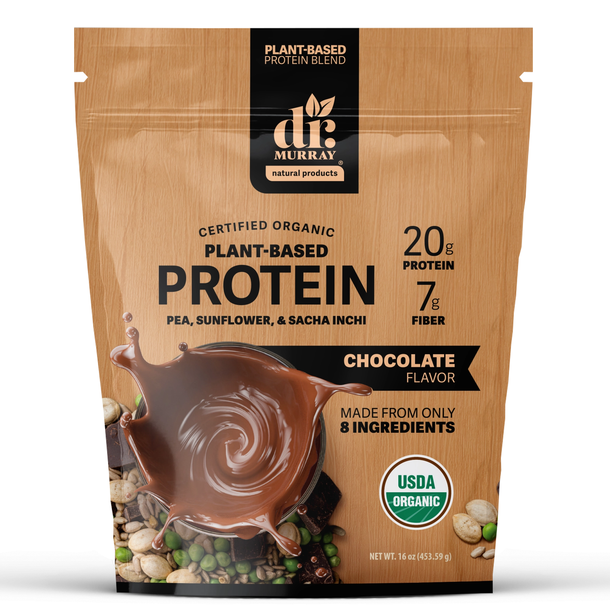 Dr. Murray's Organic Plant Based Protein Powder USDA Organic Certified - Chocolate - 16 oz package front view