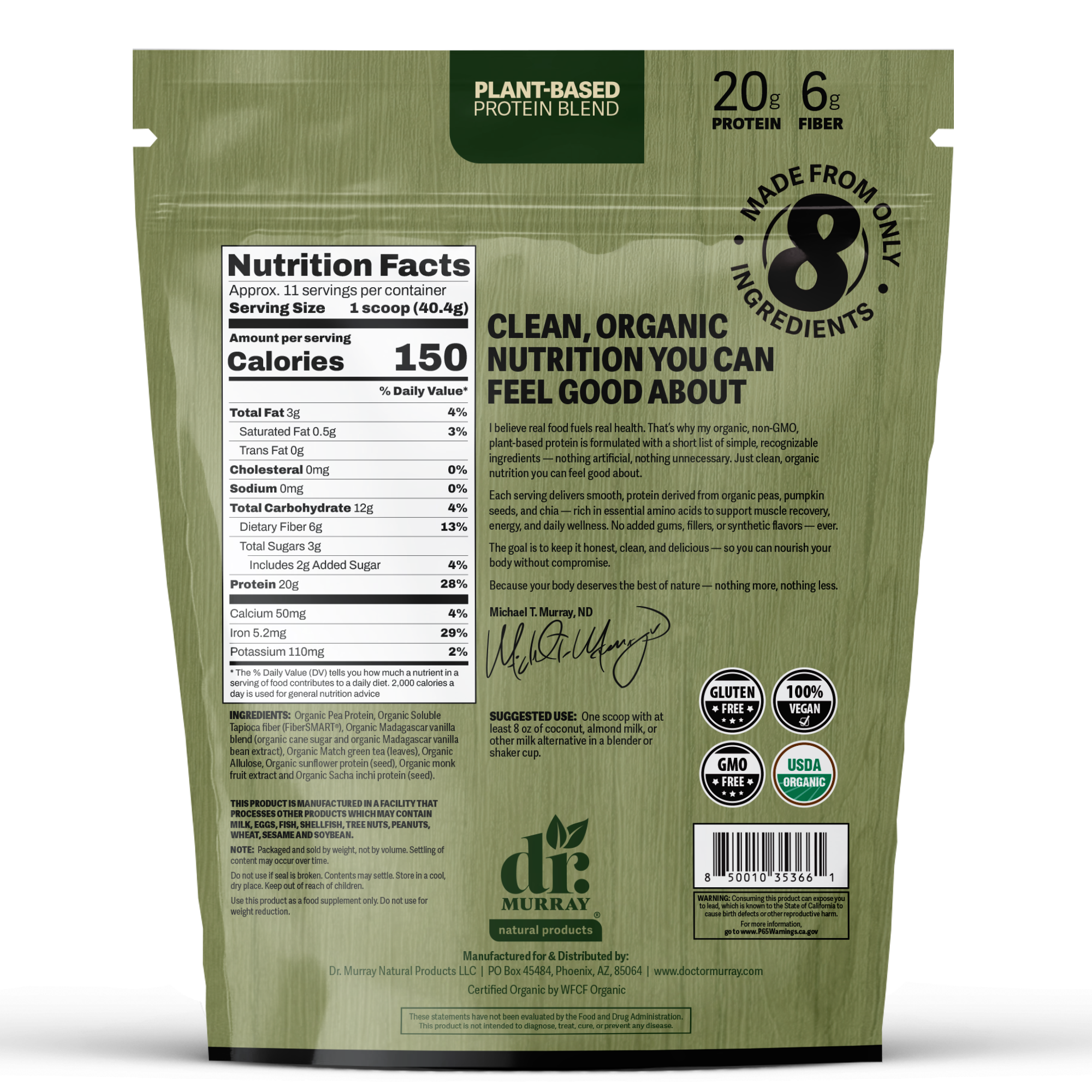 Dr. Murray's Organic Plant Based Protein Powder USDA Organic Certified - Matcha - 16 oz package back view with nutrition facts