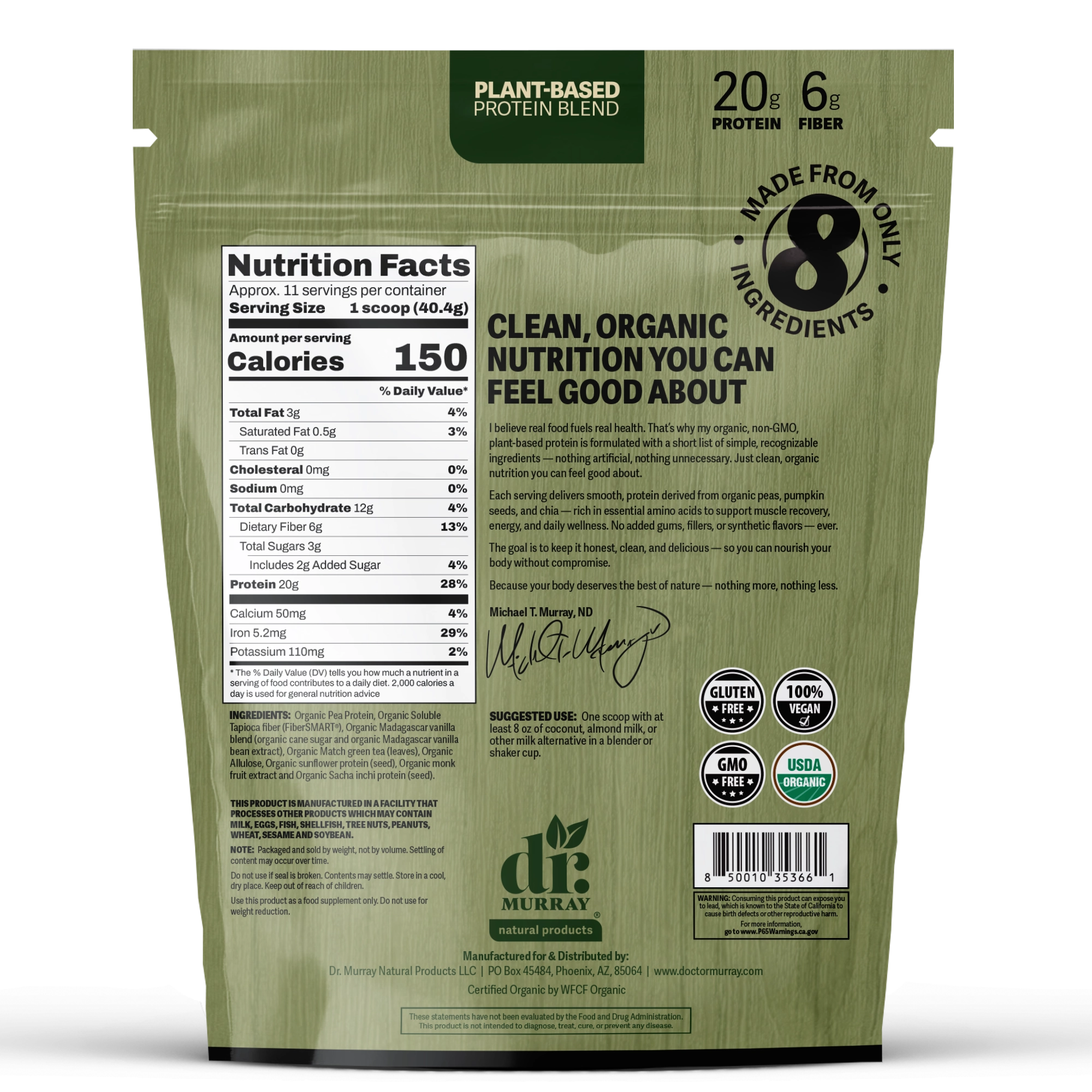 Dr. Murray's Organic Plant Based Protein Powder USDA Organic Certified - Matcha - 16 oz package back view with nutrition facts