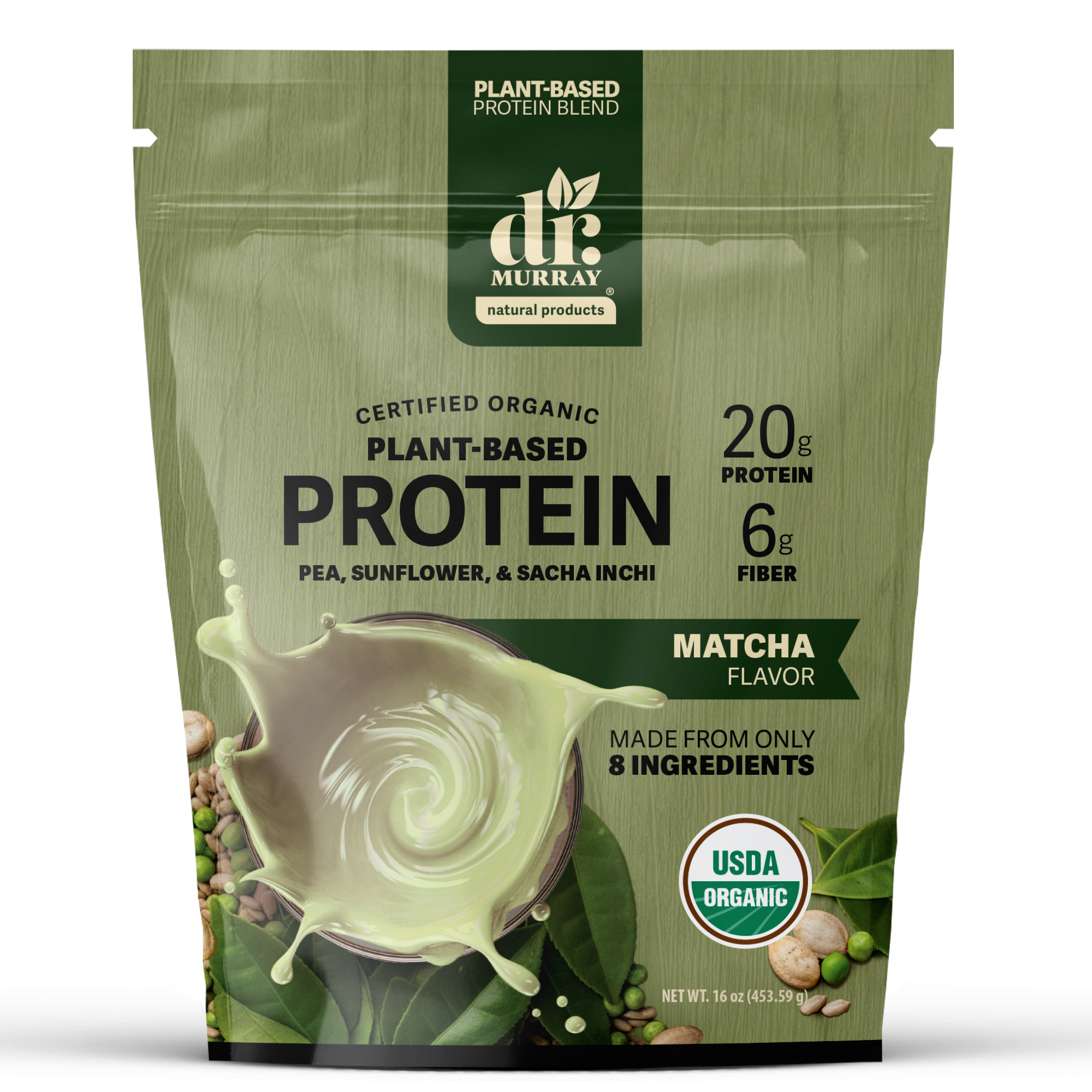 Dr. Murray's Organic Plant Based Protein Powder USDA Organic Certified - Matcha - 16 oz package front view