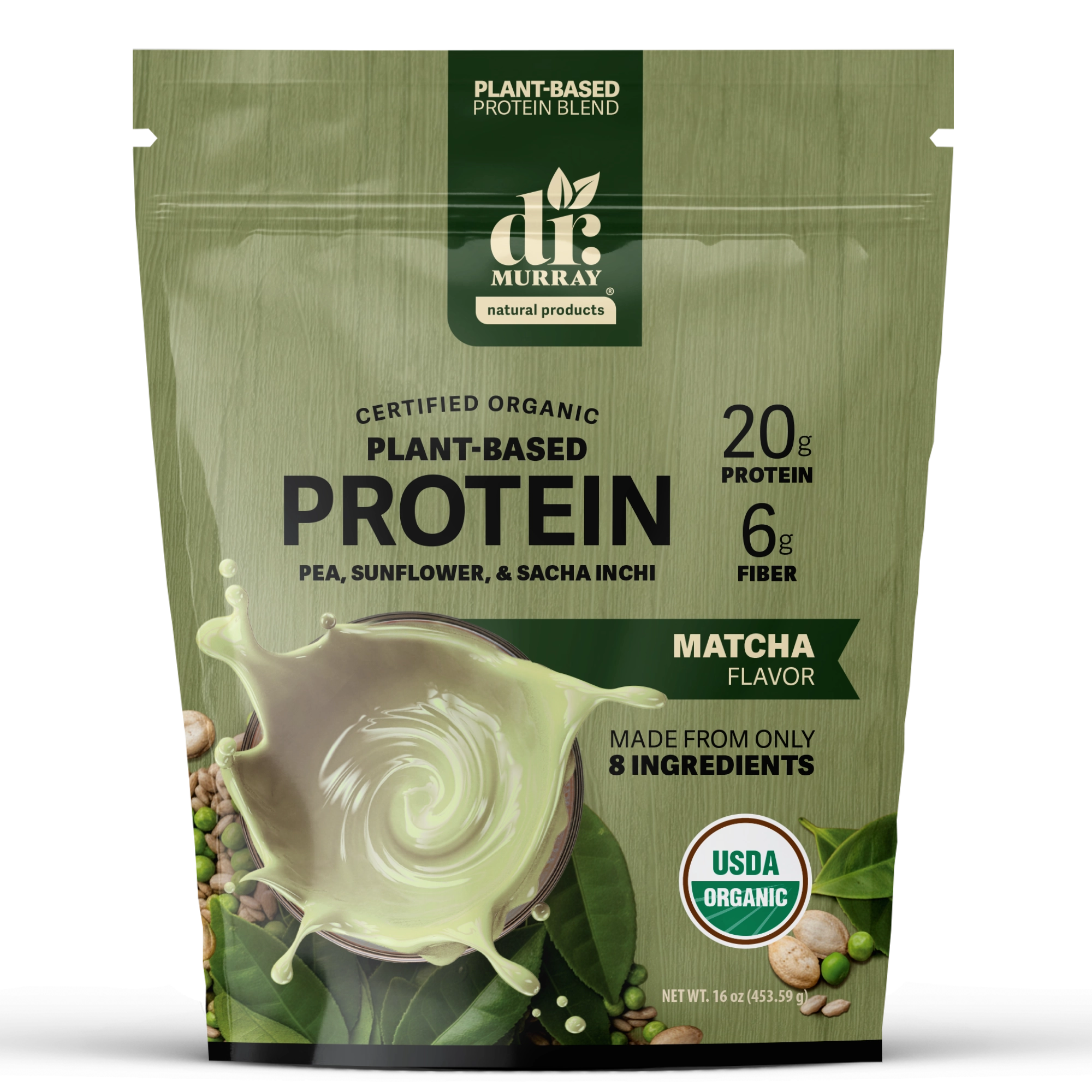 Dr. Murray's Organic Plant Based Protein Powder USDA Organic Certified - Matcha - 16 oz package front view