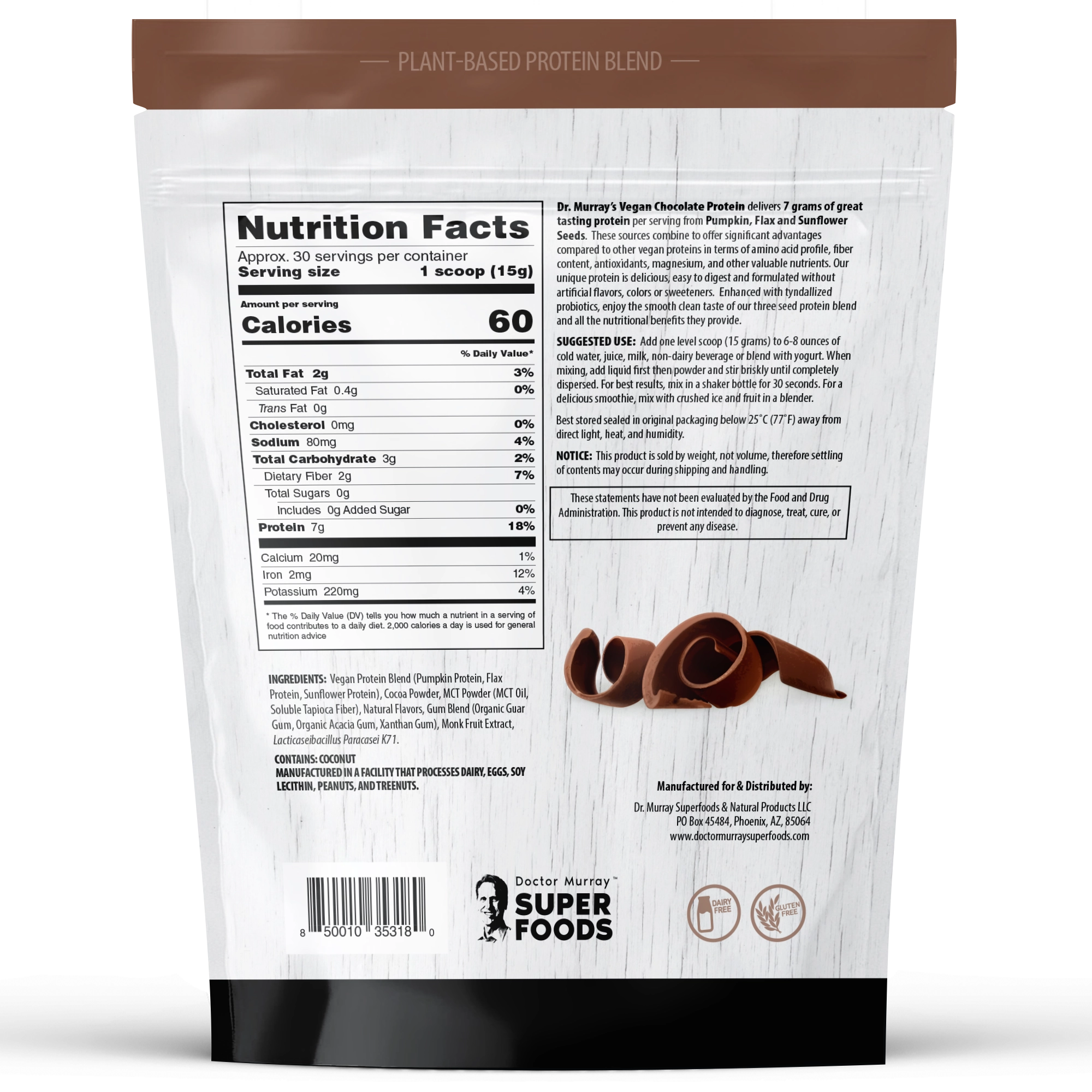 Dr. Murray's Super Foods 3 Seed Protein Powder Chocolate - 16 oz package back view with nutrition facts