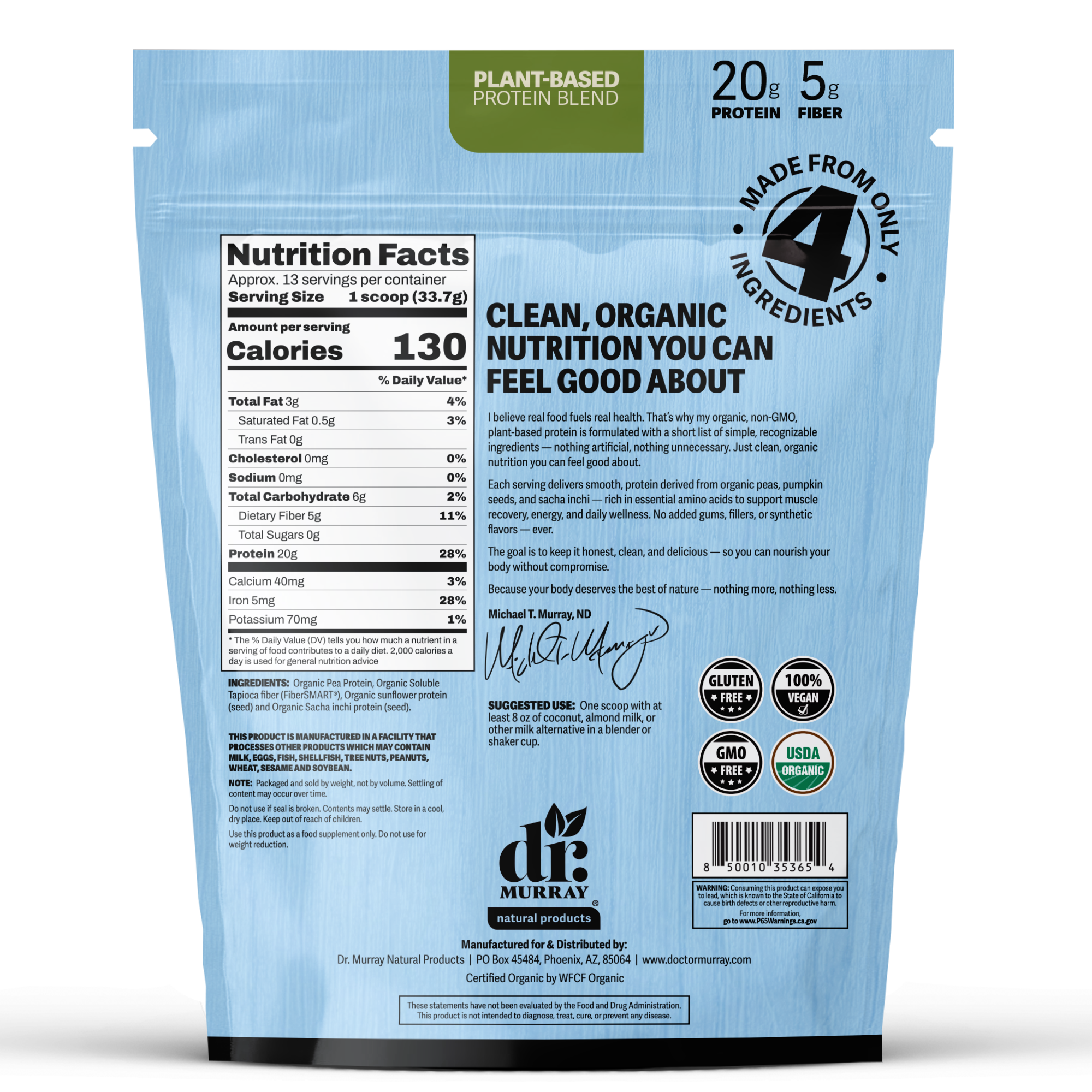 Dr. Murray's Organic Plant Based Protein Powder USDA Organic Certified - Unflavored - 16 oz package back view with nutrition facts