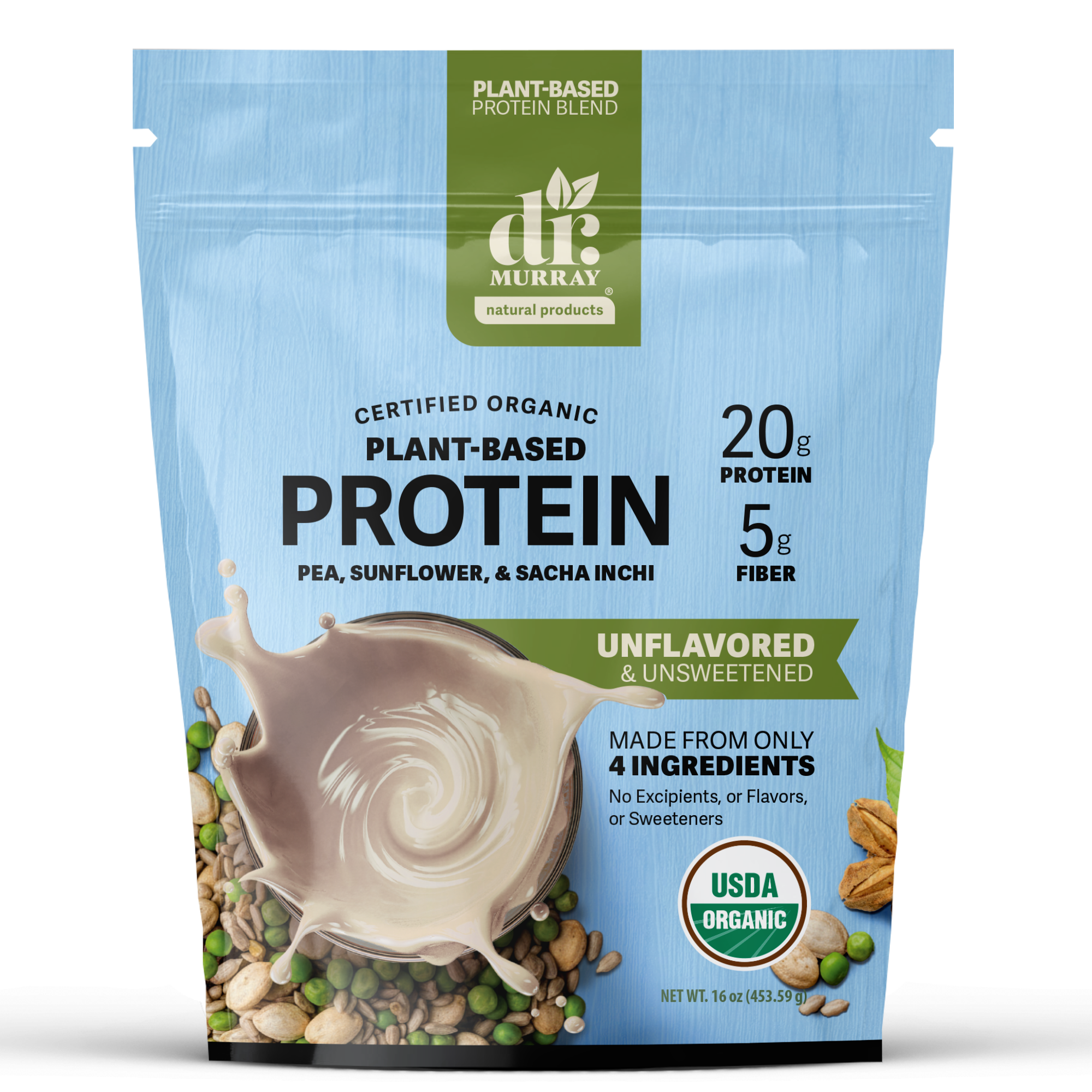 Dr. Murray's Organic Plant Based Protein Powder USDA Organic Certified - Unflavored - 16 oz package front view