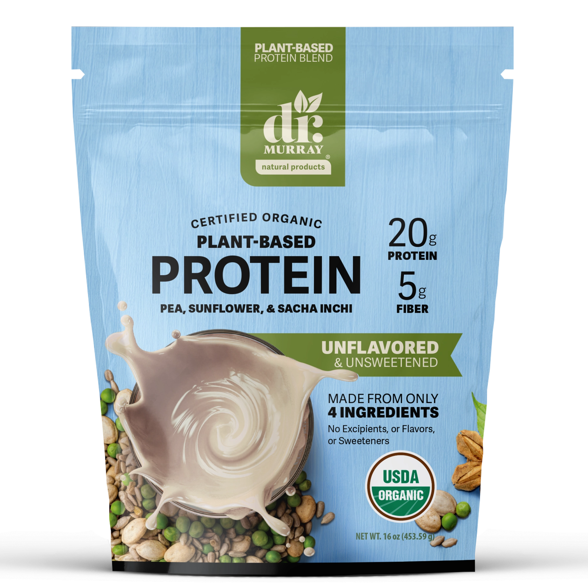 Dr. Murray's Organic Plant Based Protein Powder USDA Organic Certified - Unflavored - 16 oz package front view