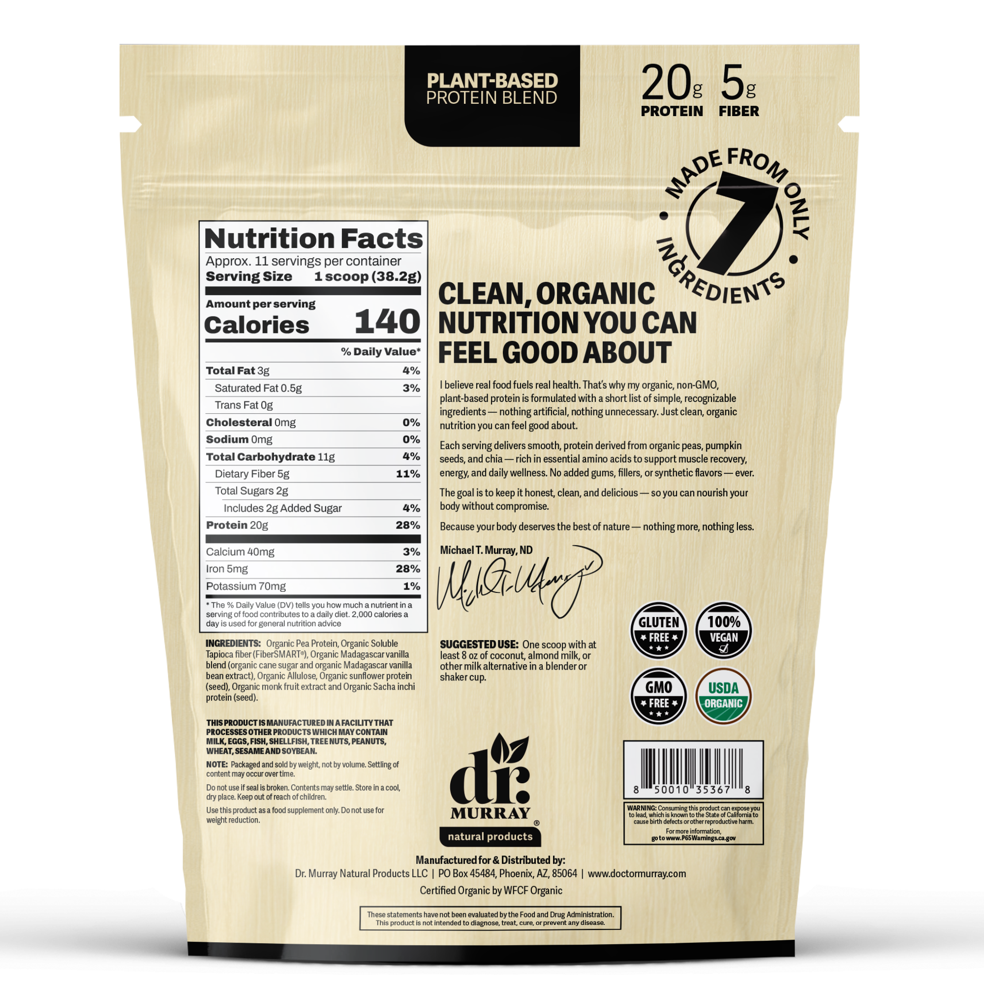 Dr. Murray's Organic Plant Based Protein Powder USDA Organic Certified - Vanilla - 16 oz package back view with nutrition facts
