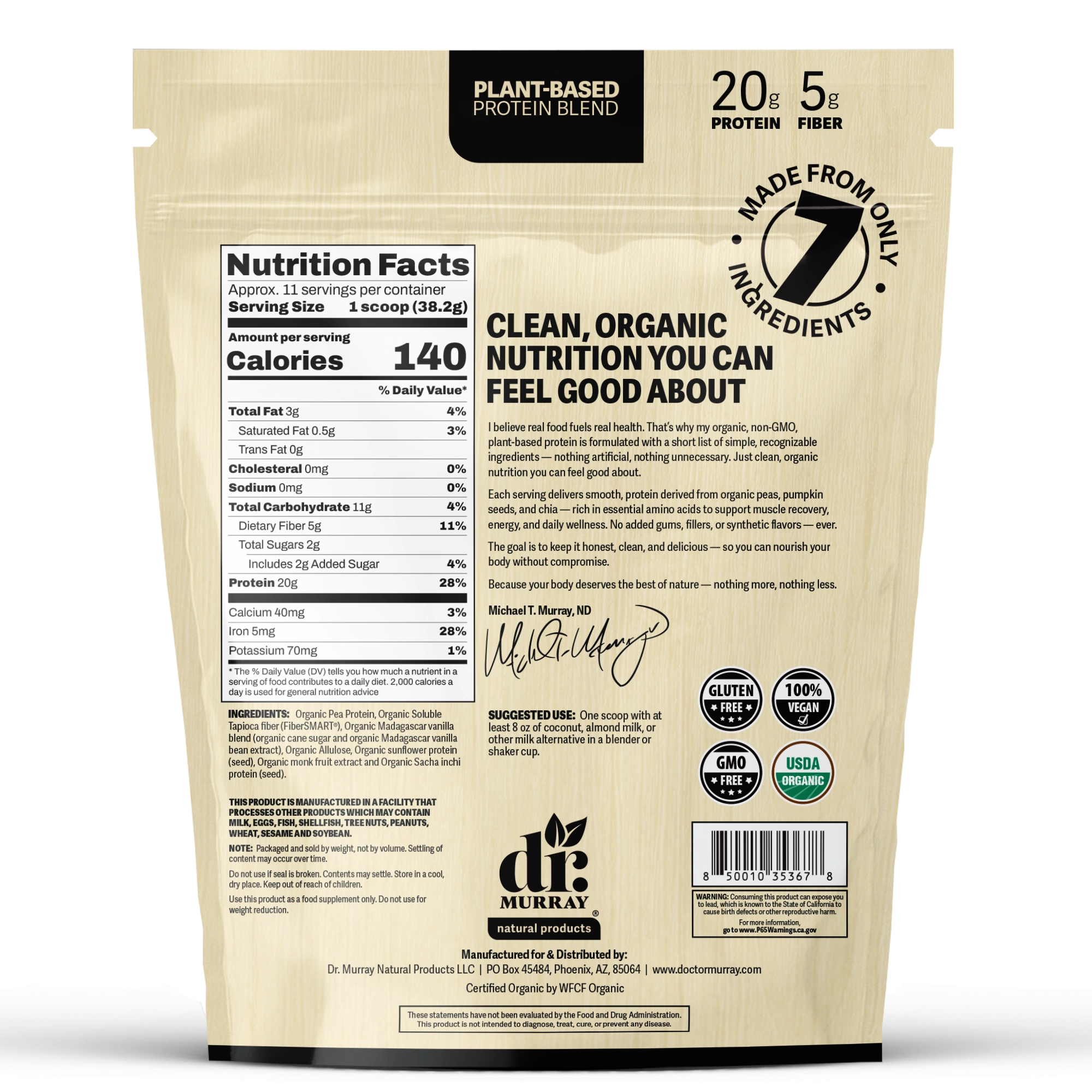 Dr. Murray's Organic Plant Based Protein Powder USDA Organic Certified - Vanilla - 16 oz package back view with nutrition facts