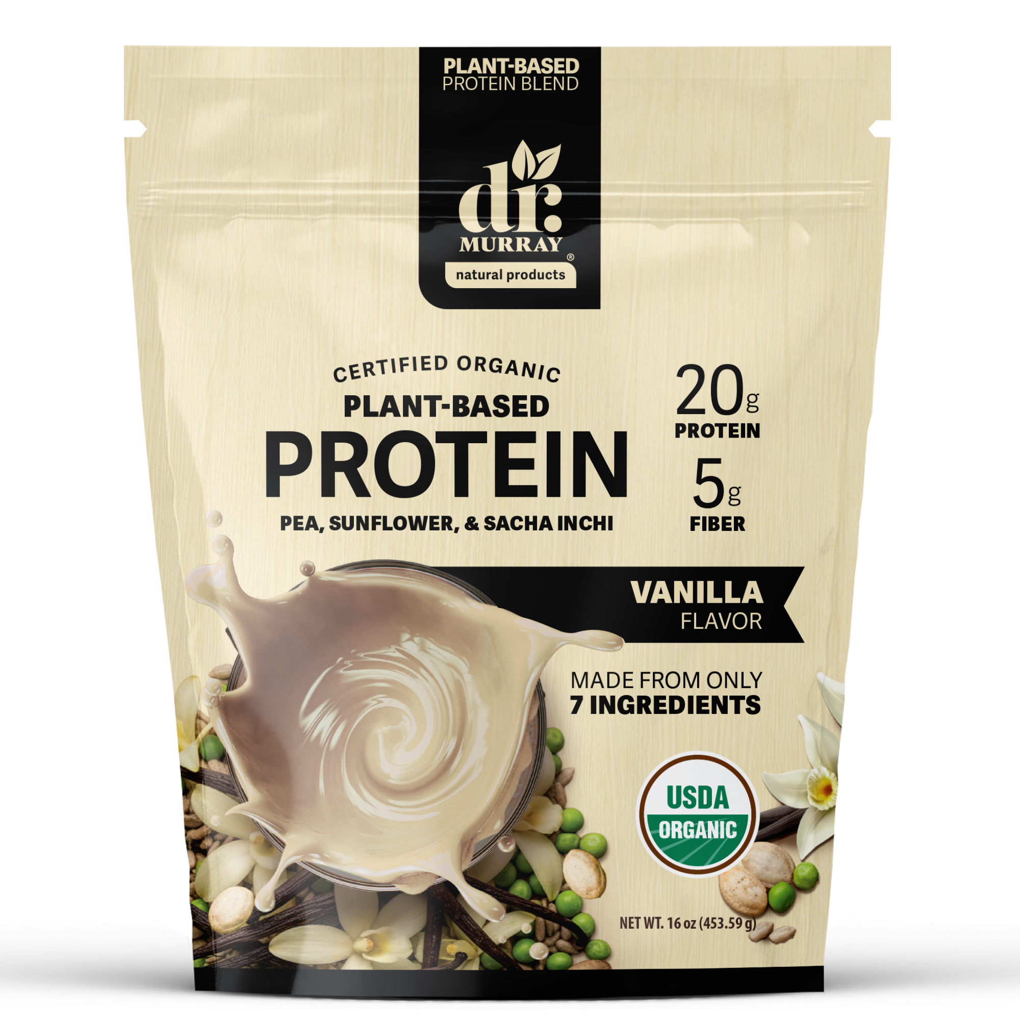 Dr. Murray's Organic Plant Based Protein Powder USDA Organic Certified - Vanilla - 16 oz package front view