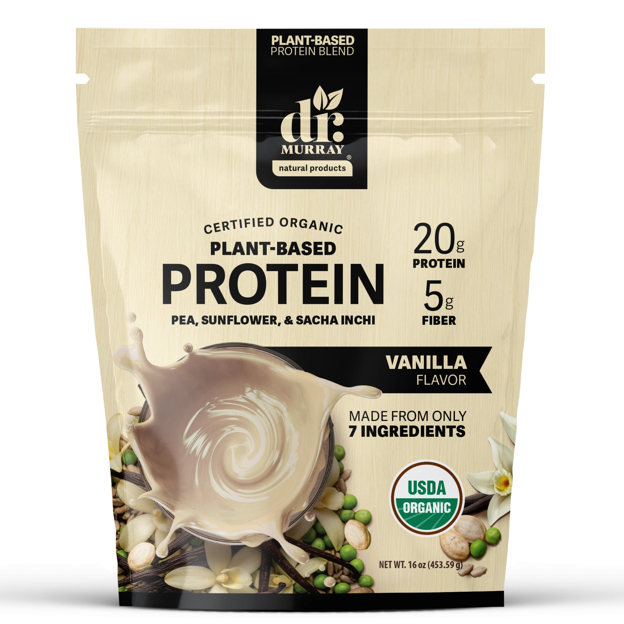 Dr. Murray's Organic Plant Based Protein Powder USDA Organic Certified - Vanilla - 16 oz package front view