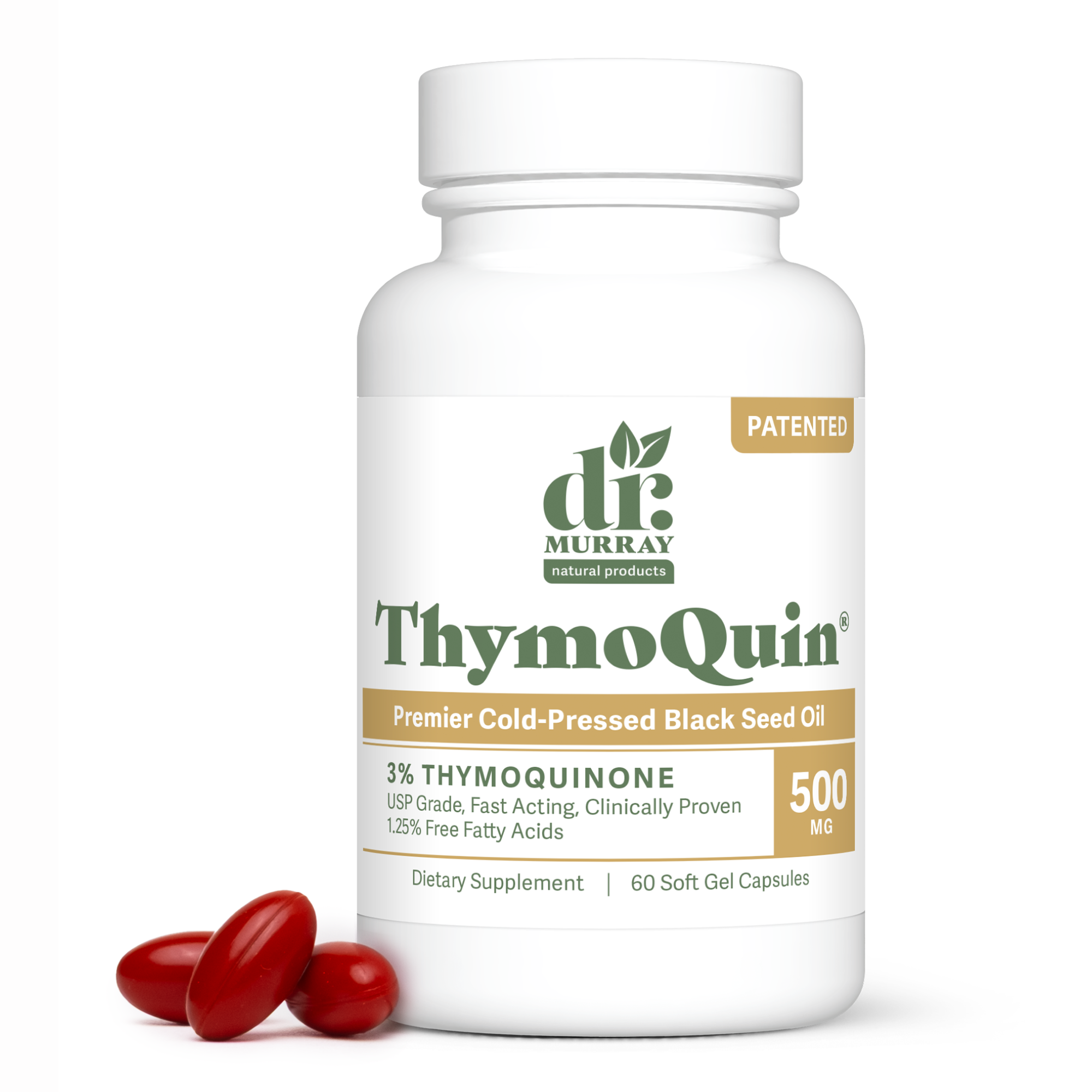 A white plastic bottle of Dr. Murray ThymoQuin dietary supplement with three red soft gel capsules in front, on a clean white background.