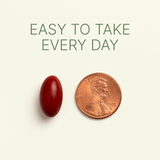 Dr. Murray's ThymoQuin dark red oval supplement capsule shown next to a U.S. penny