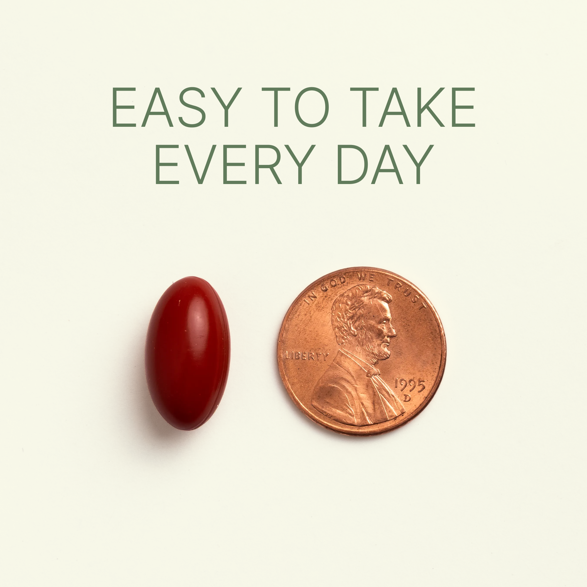 Dr. Murray's ThymoQuin dark red oval supplement capsule shown next to a U.S. penny