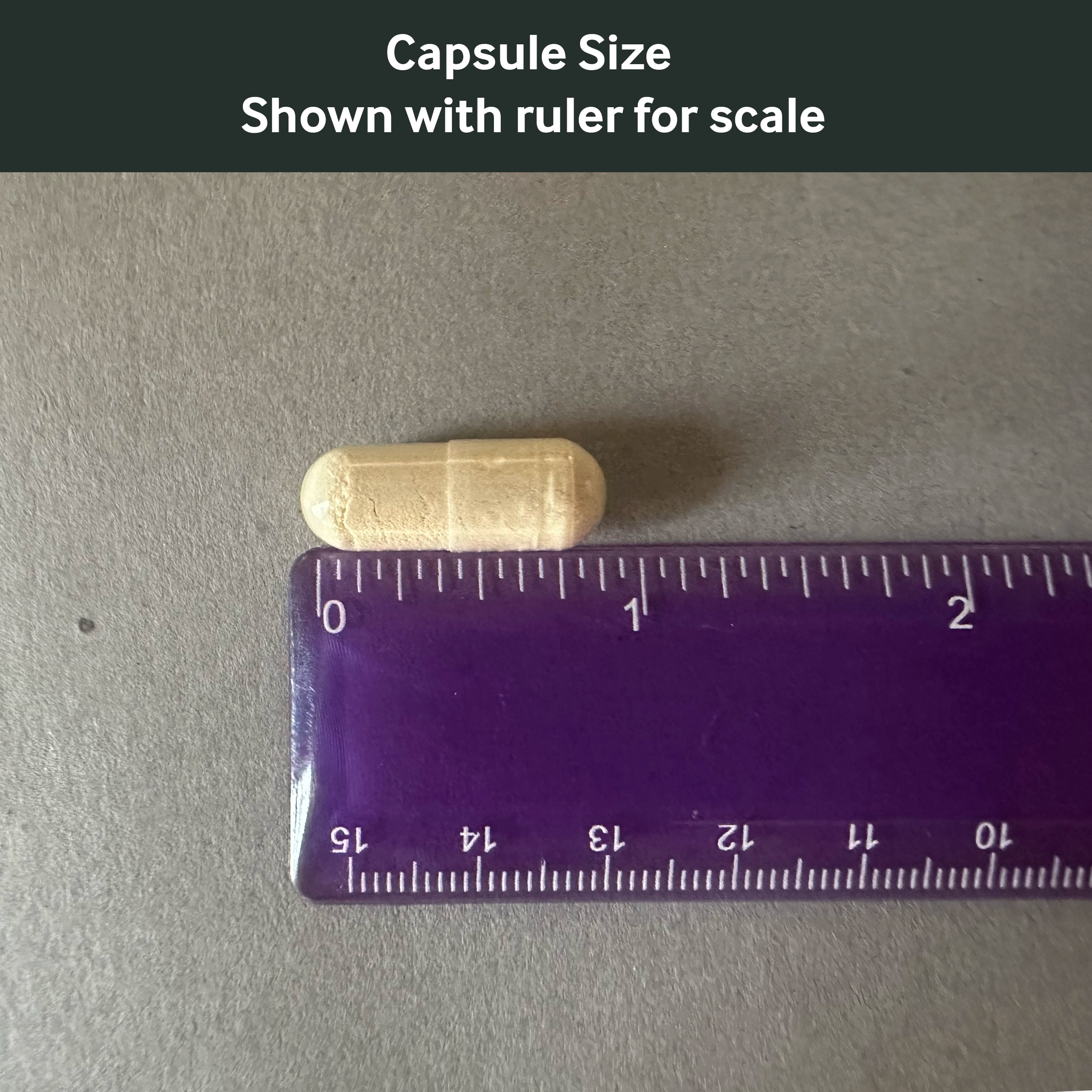 Dr. Murray's Calcium D-Glucarate capsule shown next to a ruler for size reference on a gray background