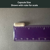 Dr. Murray's D3 K2 capsule size shown with a ruler for scale on a gray background