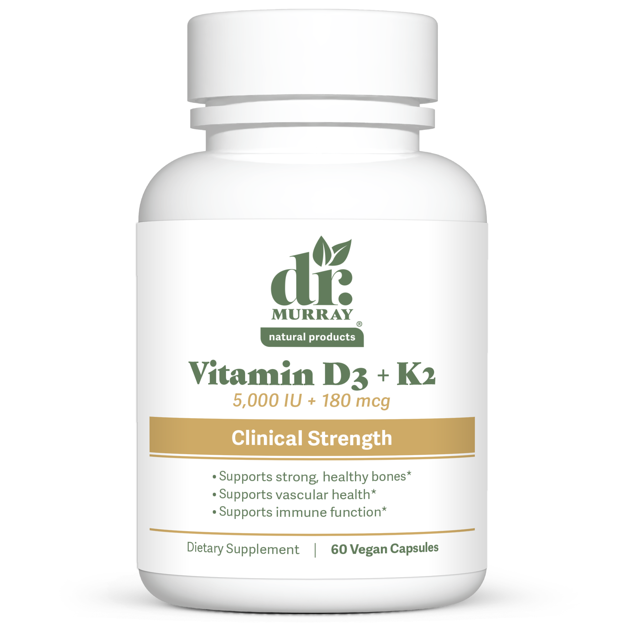 Dr. Murray’s Vitamin K2 D3 Clinical Strength 5,000 IU plus 180 mcg - 60 Vegan Capsules count bottle front view