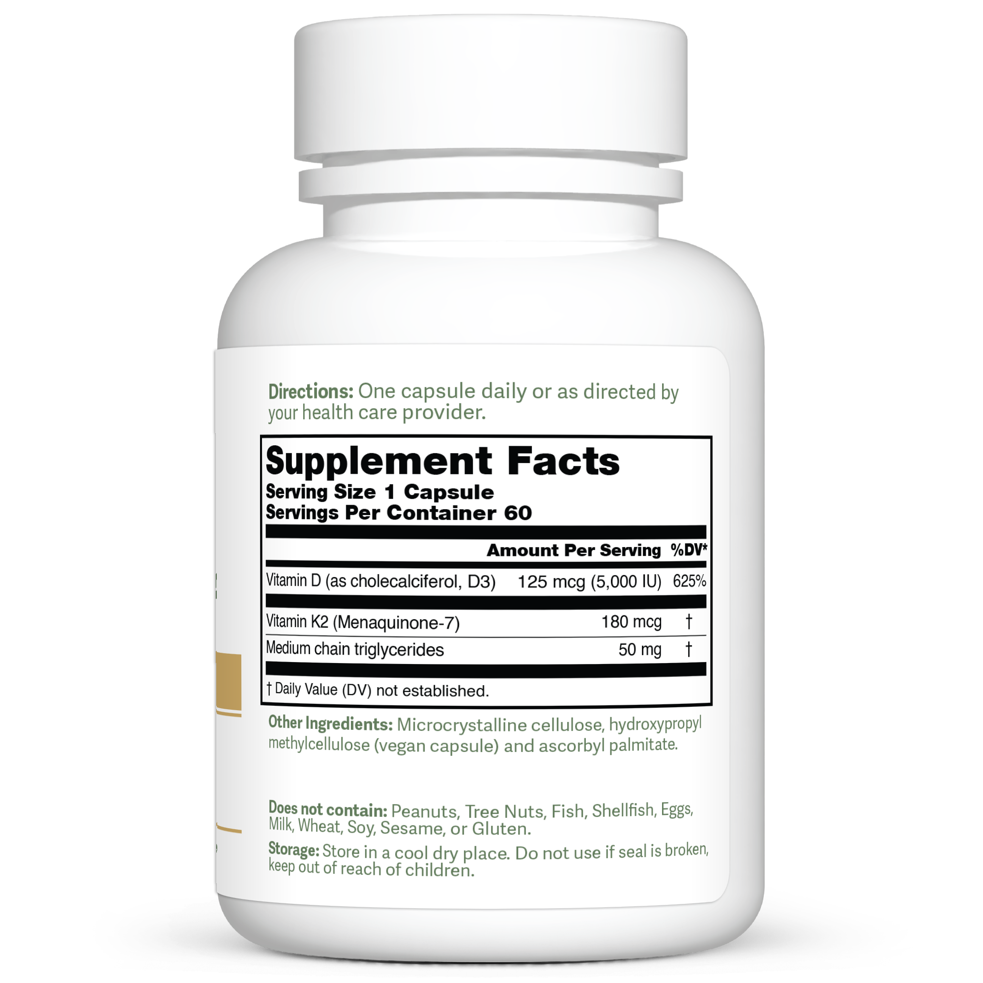 Dr. Murray’s Vitamin K2 D3 Clinical Strength 5,000 IU plus 180 mcg - 60 Vegan Capsules count bottle right-side view with supplement facts label visible