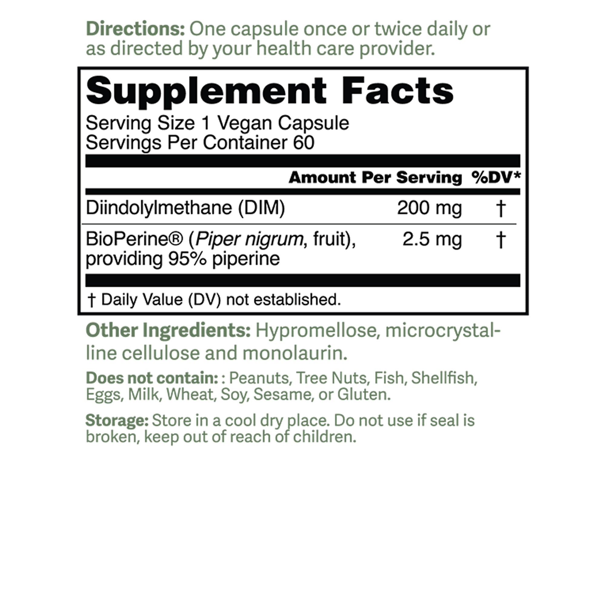 Dr. Murray's DIM & Bioperine — 200 mg — Vegan Capsules, Supplement Facts Panel