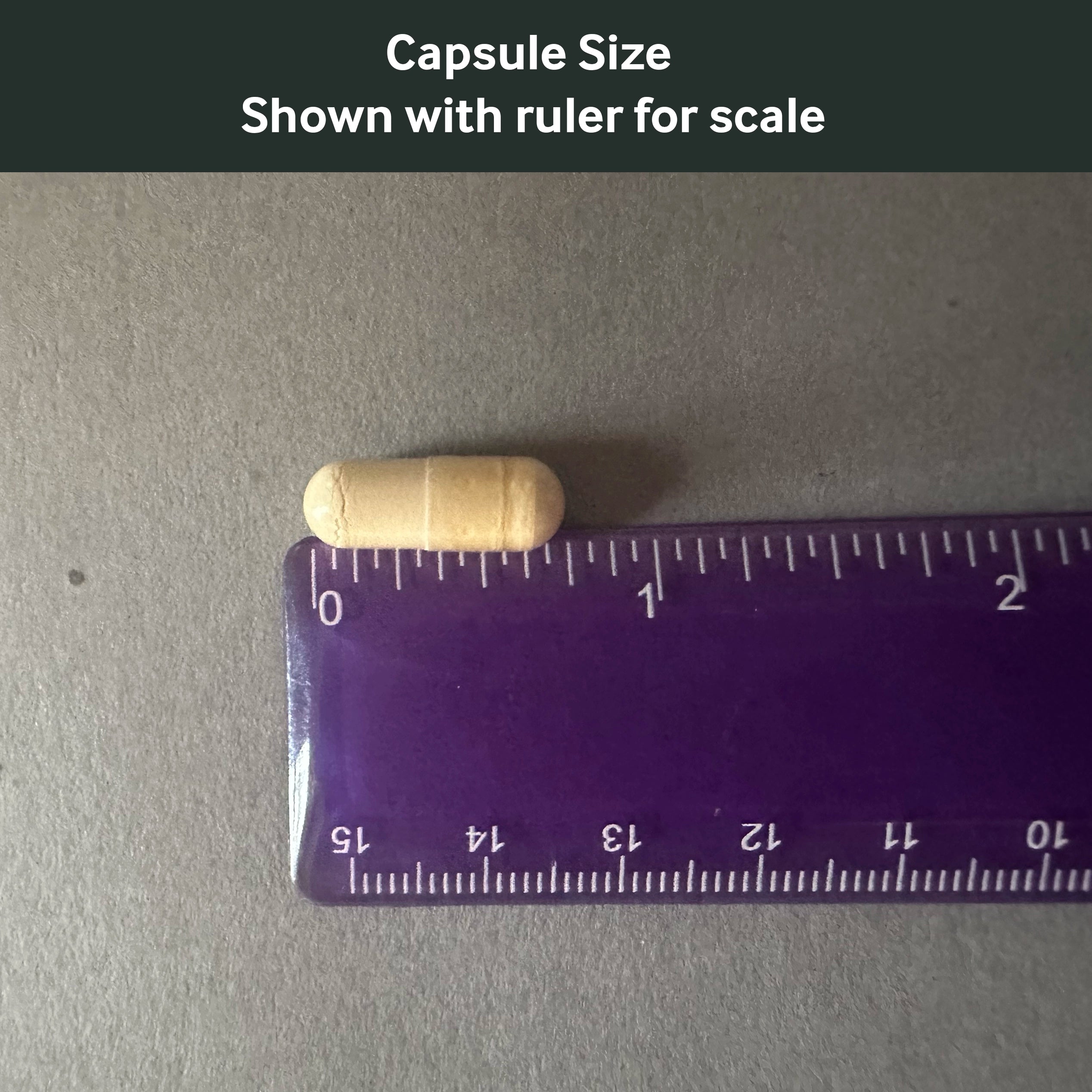 Dr. Murray's DIM Bioperine capsule size shown with a ruler for scale on a gray background