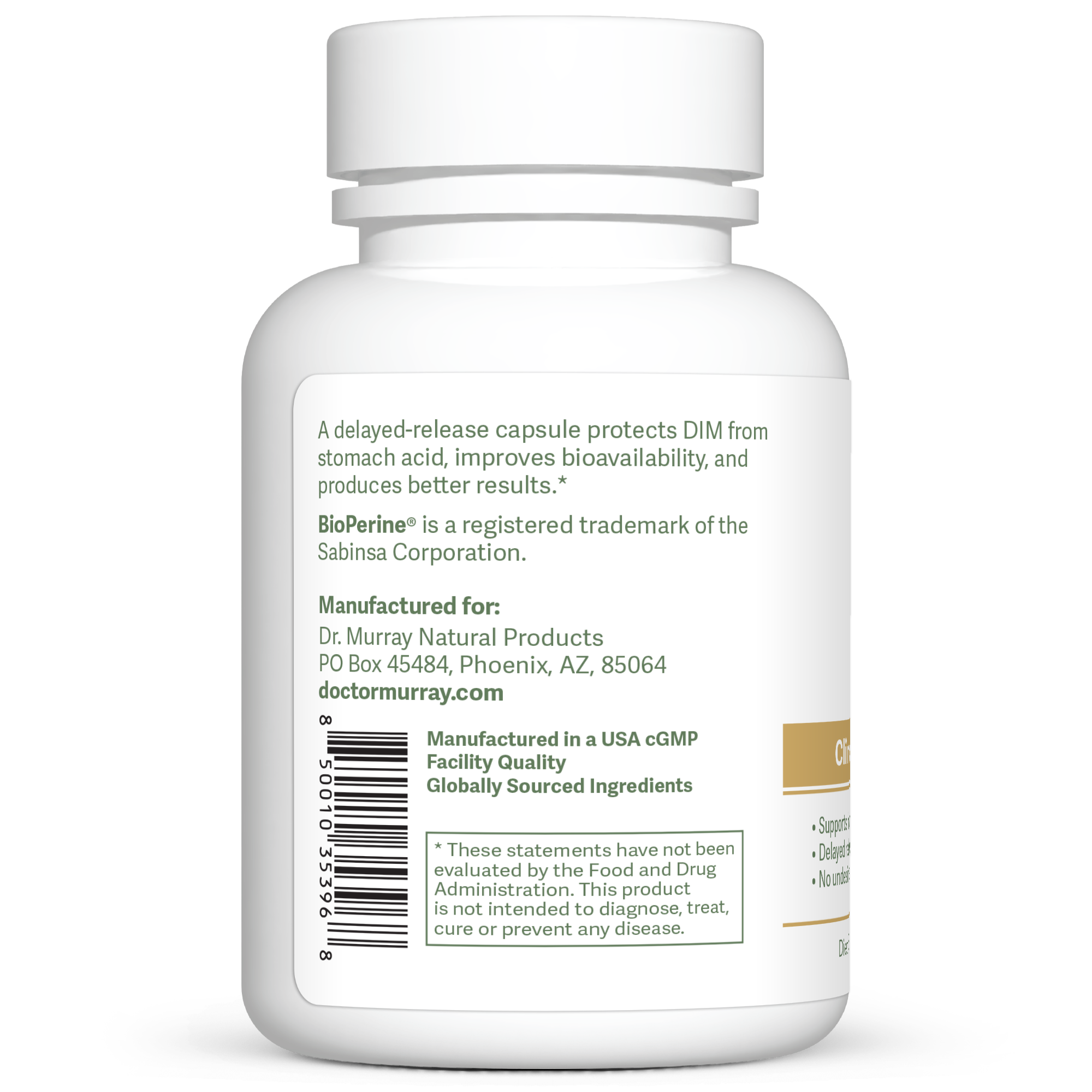 Dr. Murray's DIM & Bioperine Delayed Release 200 mg — 60 vegan capsules count bottle left-side view with directions label visible