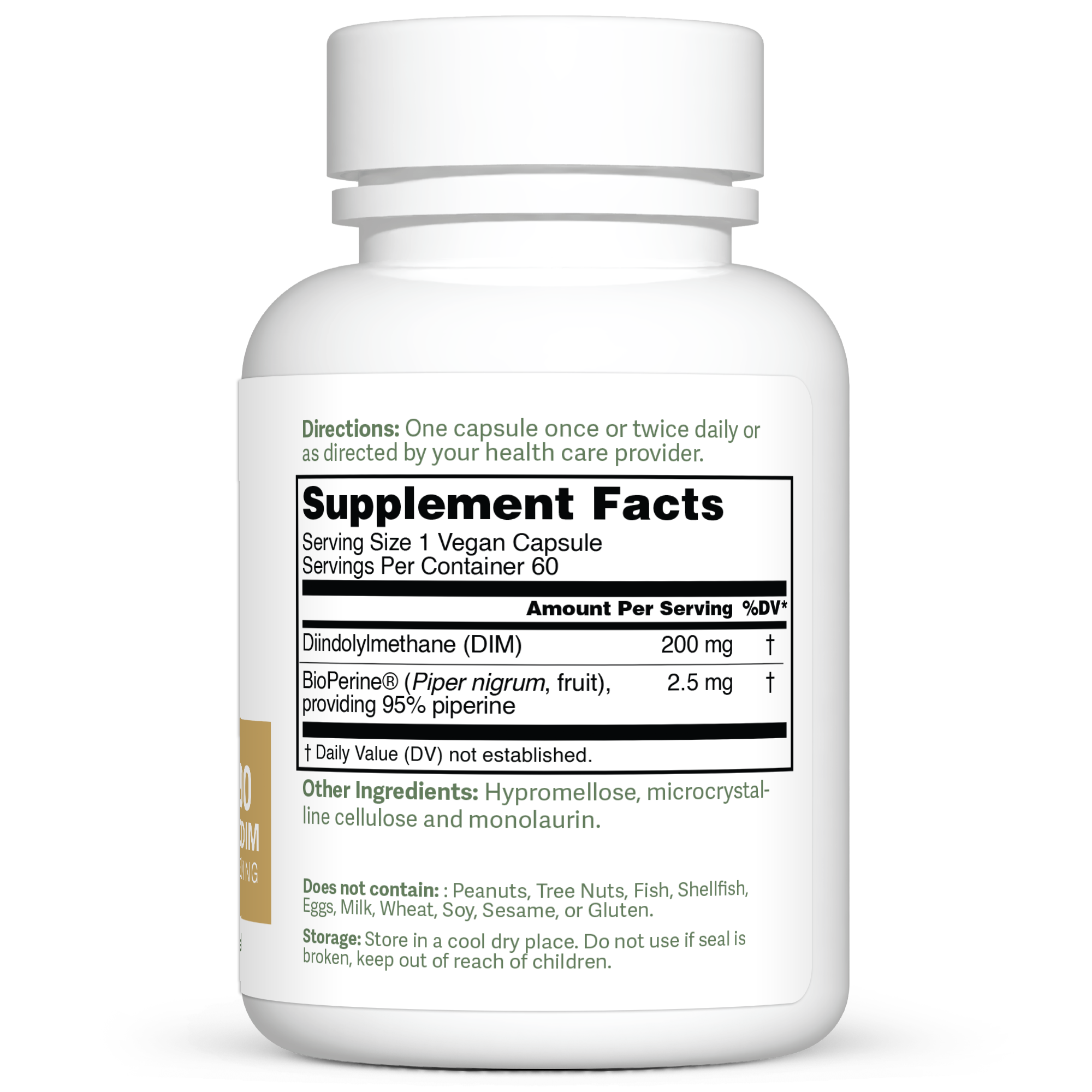 Dr. Murray's DIM & Bioperine Delayed Release 200 mg — 60 vegan capsules count bottle right-side view with supplement facts label visible