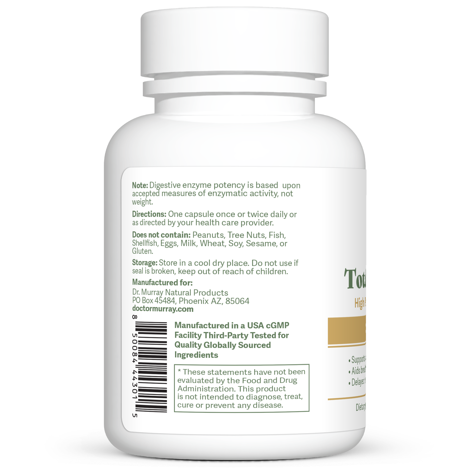Dr. Murray's TotalDigest Ultra High Potency Digestive Enzymes - 60 Vegan Capsules count bottle left-side view with directions label visible