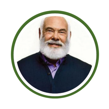 Circular portrait of a Dr. Andrew Weil with a white beard and dark clothing on a white background
