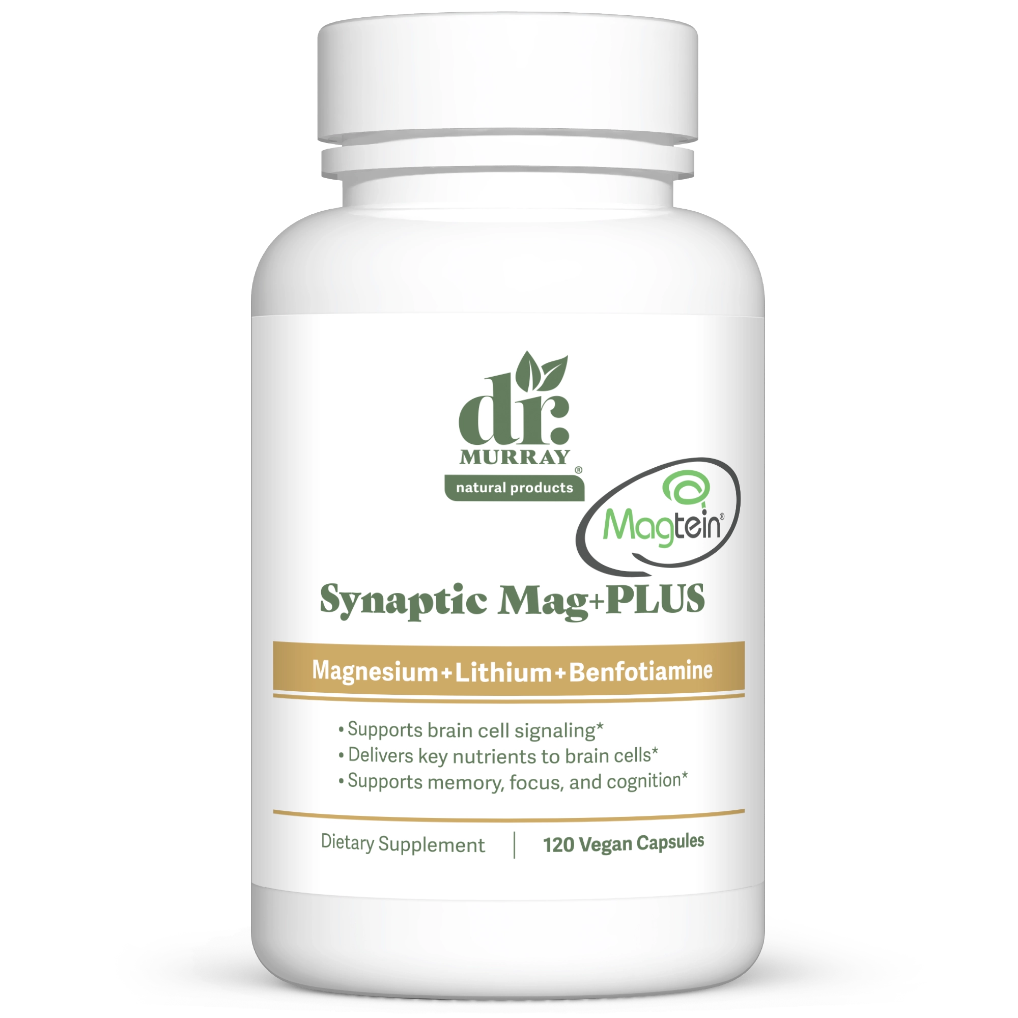 Dr. Murray's MagTein Synaptic Magnesium Plus, 120 Vegan Capsules count bottle front view with branding