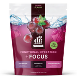 A pouch of DR. MURRAY Functional Hydration + Focus in grape flavor, a magenta and dark brown design, illustrations of grapes, ice, and water, plus a green '30 Sticks' 