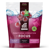 A pouch of DR. MURRAY Functional Hydration + Focus in grape flavor, a magenta and dark brown design, illustrations of grapes, ice, and water, plus a green '30 Sticks' 