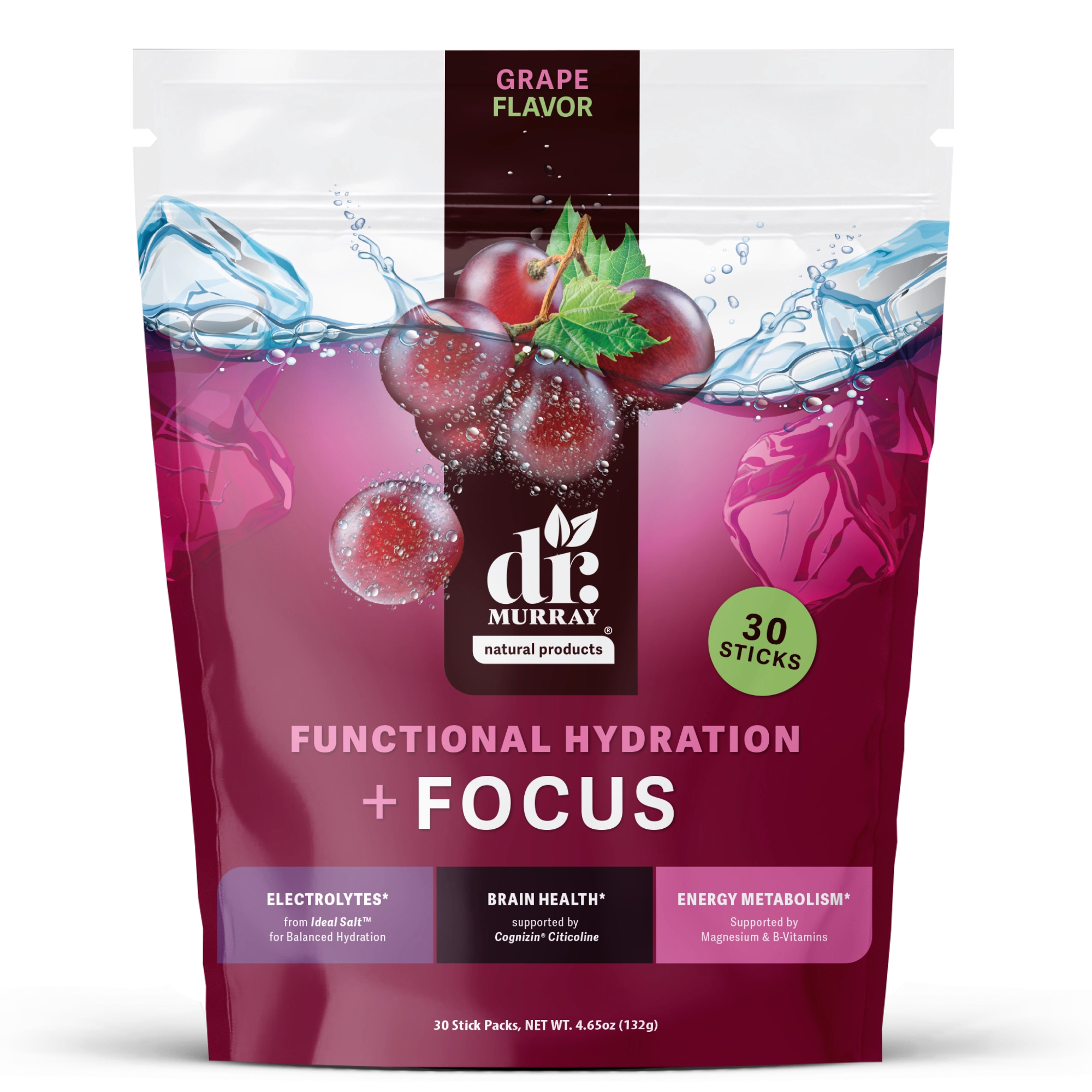 A pouch of DR. MURRAY Functional Hydration + Focus in grape flavor, a magenta and dark brown design, illustrations of grapes, ice, and water, plus a green '30 Sticks' 
