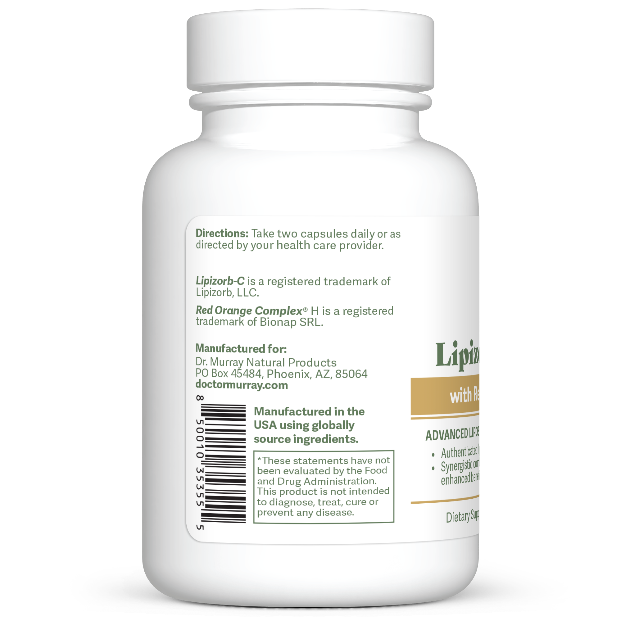 Dr. Murray's Lipizorb C Plus With Red Orange Complex — 60 Vegan Capsules count bottle left-side view with directions label visible