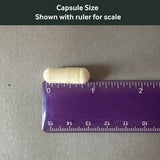 Dr. Murray's Lithium Plus Magnesium capsule size shown with a ruler for scale on a gray background