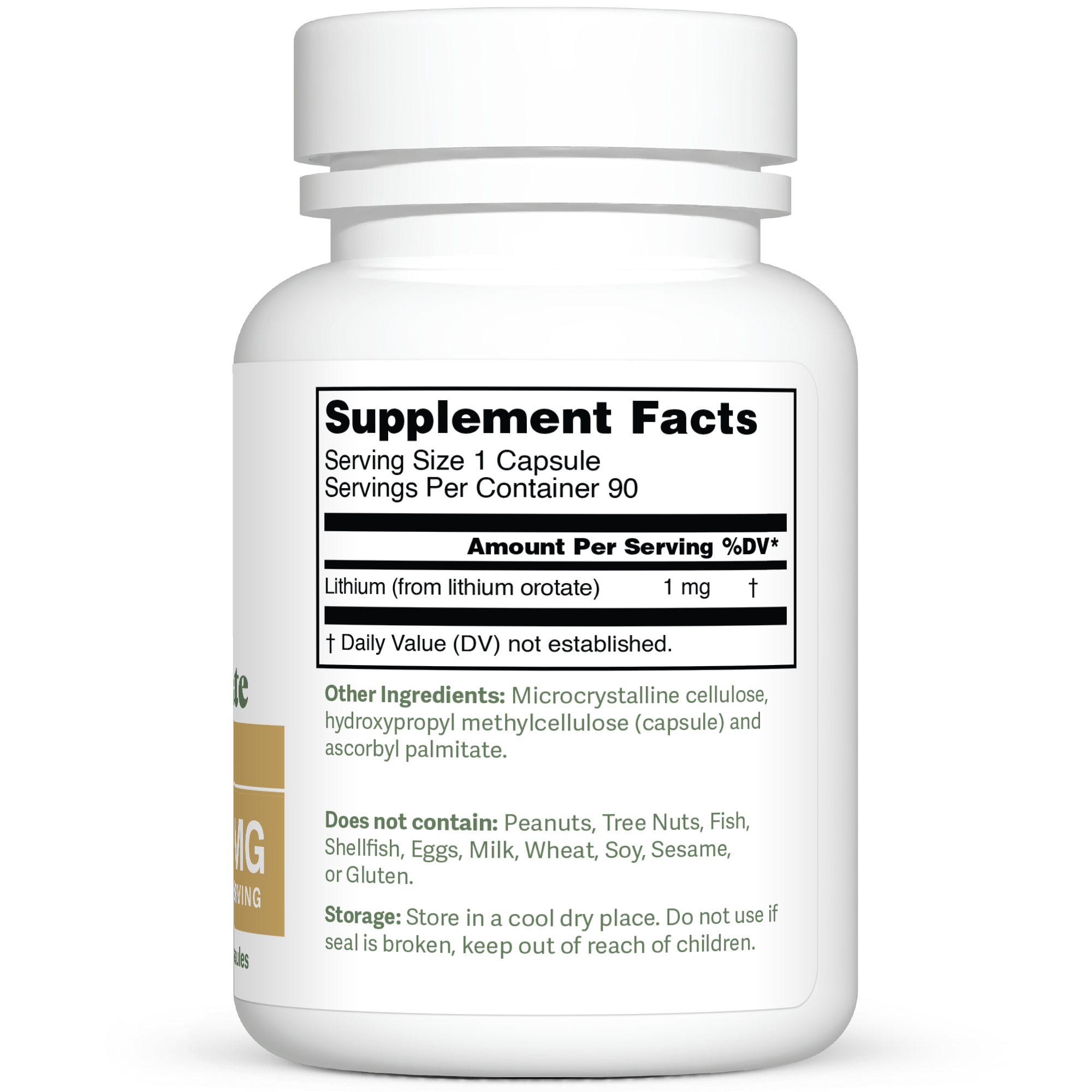 Dr. Murray's Ultra Clean Lithium Orotate 1 mg - 90 Vegan Capsules count bottle left-side view with directions label visible