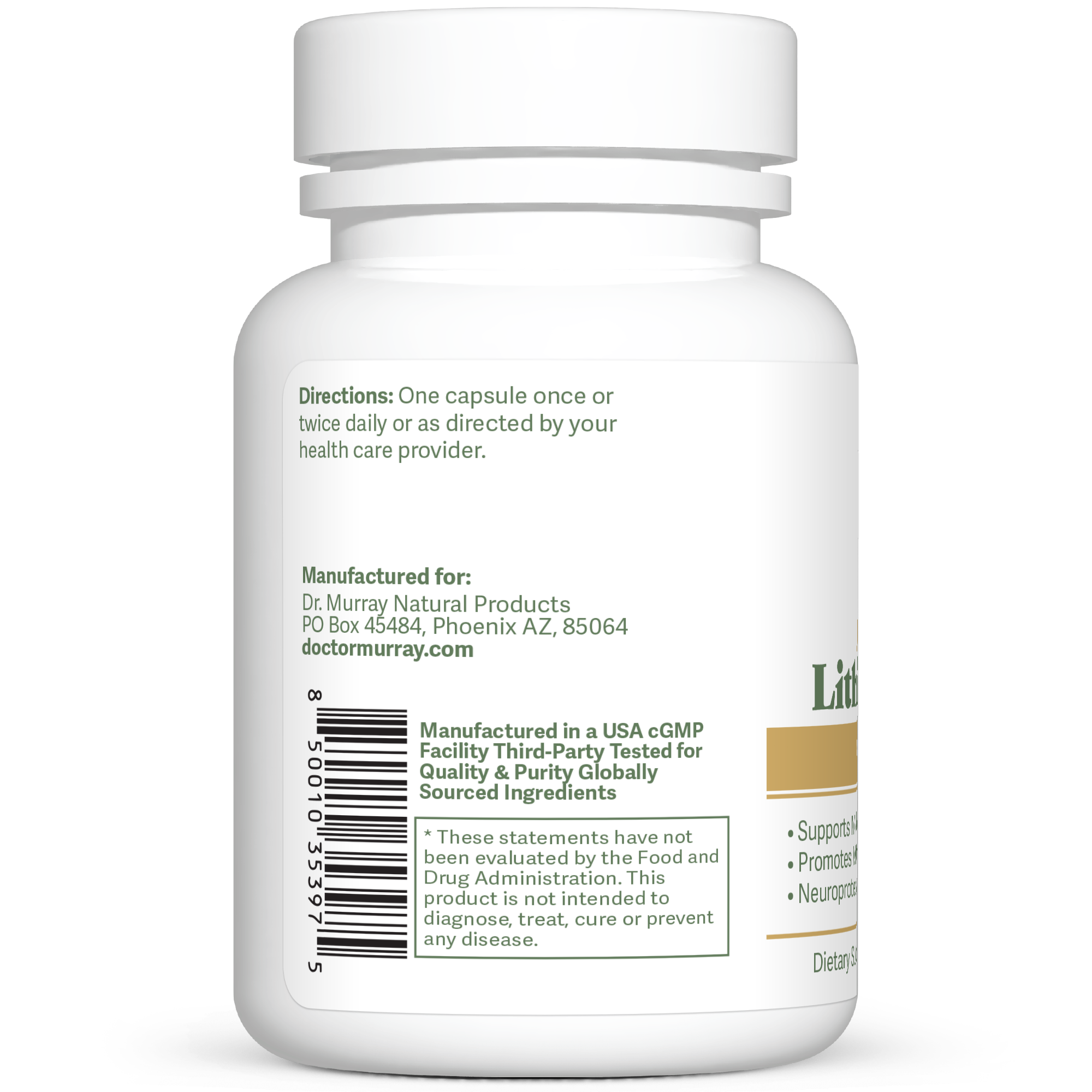 Dr. Murray's Ultra Clean Lithium Orotate 1 mg - 90 Vegan Capsules count bottle right-side view with supplement facts label visible