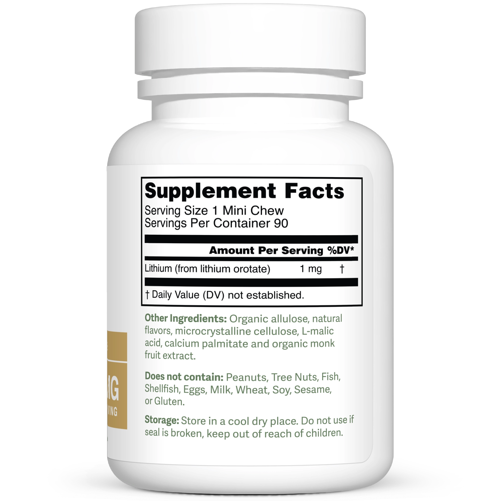 Dr. Murray's Ultra Clean Lithium Orotate 1 mg - 90 Mini Chews count bottle right-side view with supplement facts label visible