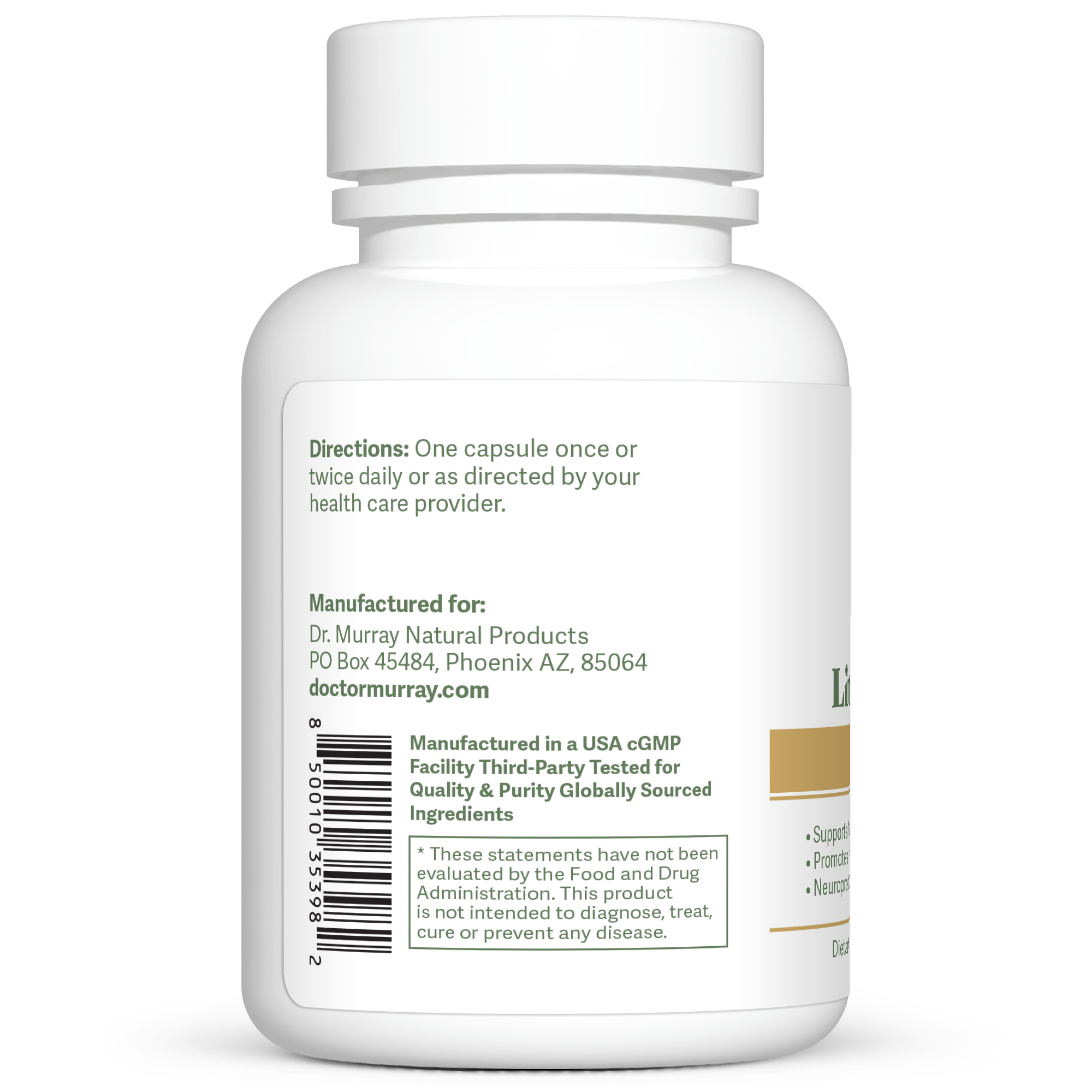 Dr. Murray's Ultra Clean Lithium Orotate  - 60 Vegan Capsules count bottle left-side view with directions label visible