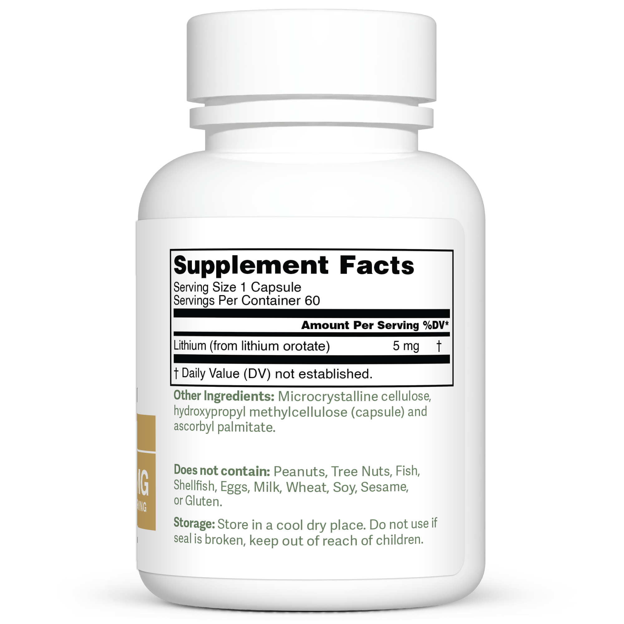 Dr. Murray's Ultra Clean Lithium Orotate  - 60 Vegan Capsules count bottle right-side view with supplement facts label visible
