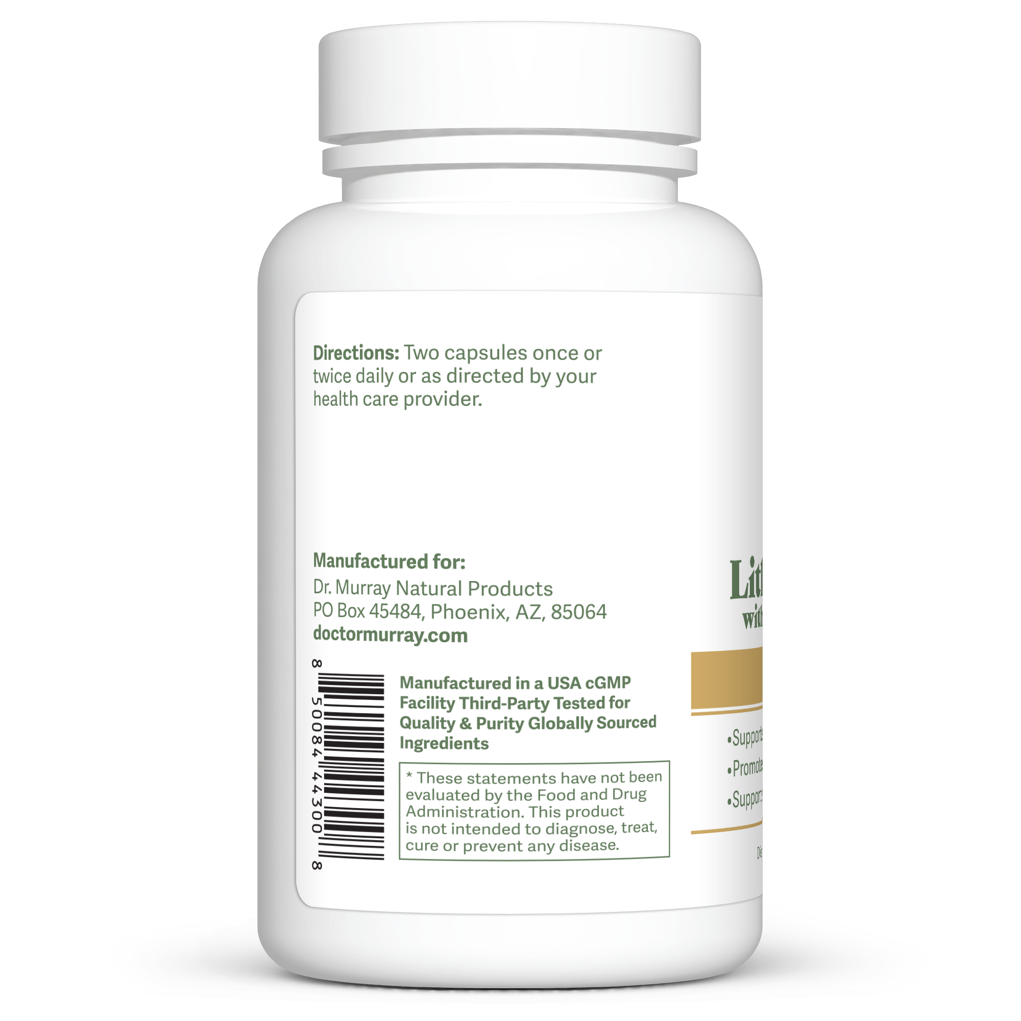 Dr. Murray's Ultra Clean Lithium Orotate and Magnesium Glycinate - 120 Vegan Capsules count bottle left-side view with directions label visible