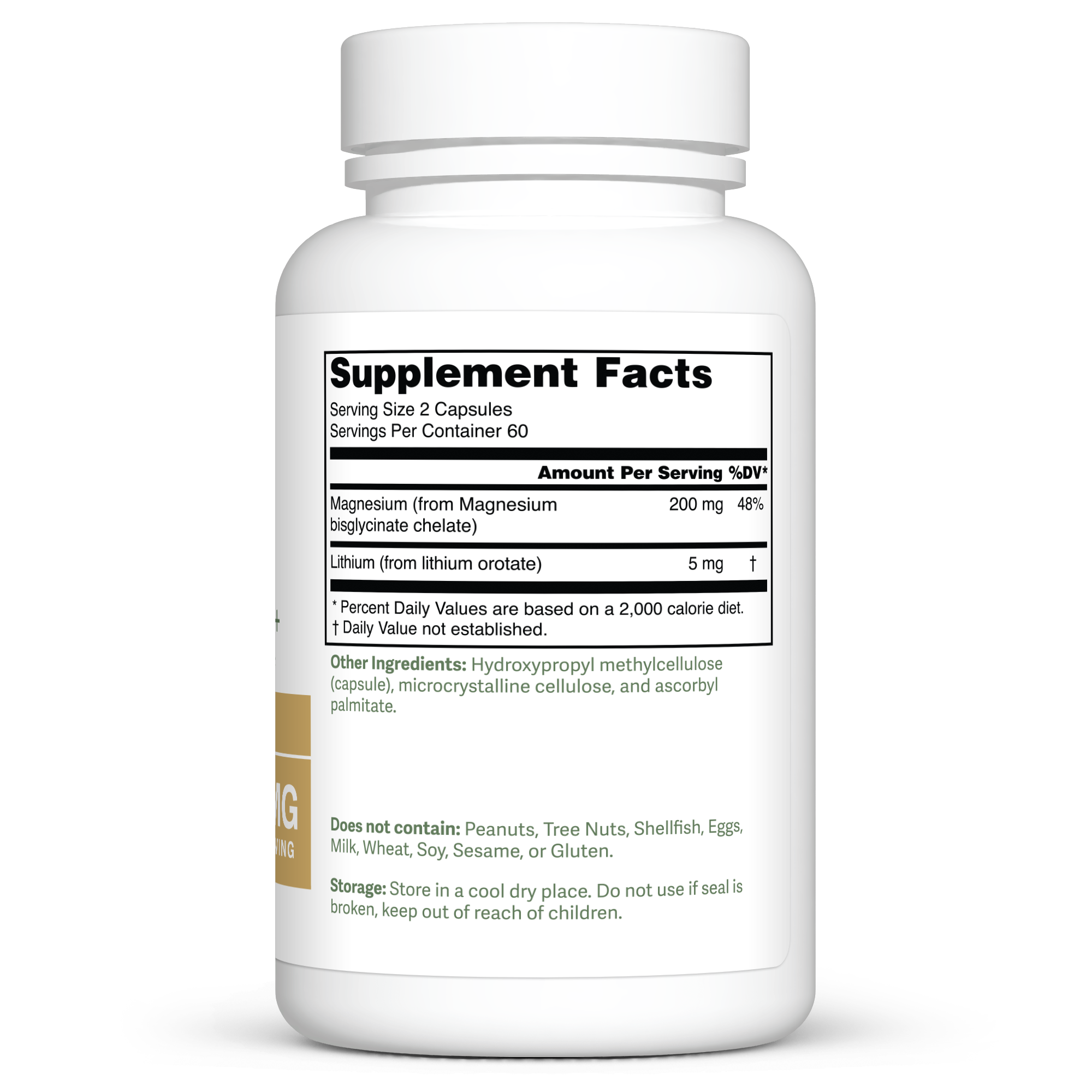 Dr. Murray's Ultra Clean Lithium Orotate and Magnesium Glycinate - 120 Vegan Capsules count bottle right-side view with supplement facts label visible