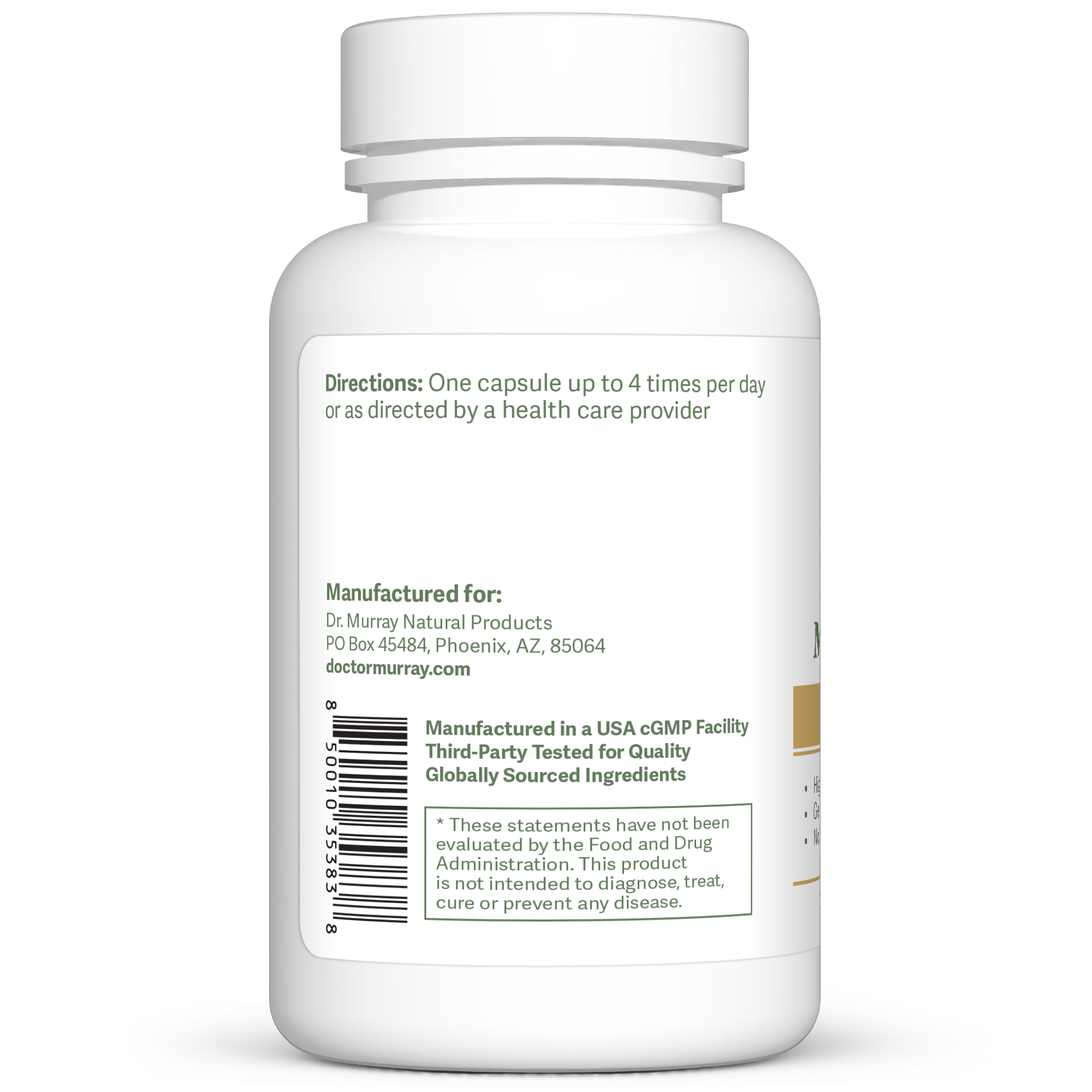 Dr. Murray's Ultra Clean Magnesium Glycinate 120 mg - 90 Vegan Capsules count bottle left-side view with directions label visible