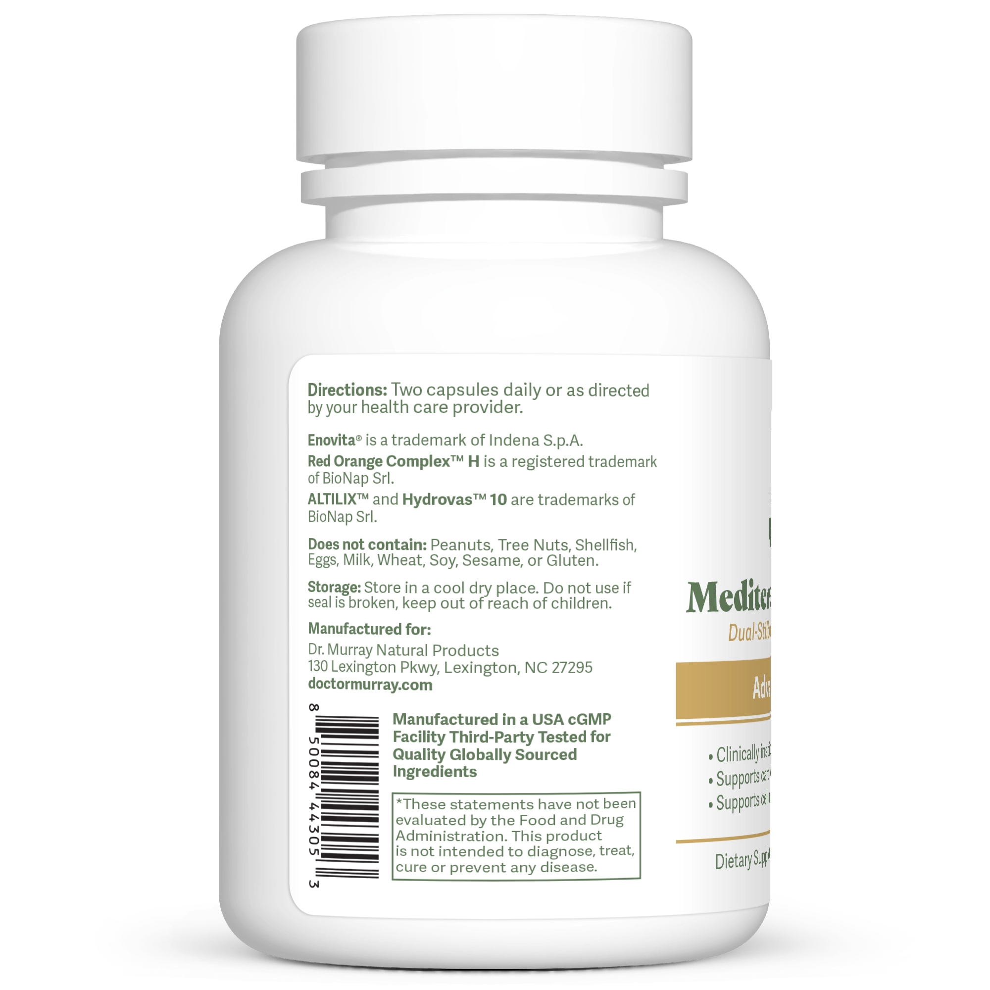 Dr. Murray's Mediterranean Actives, 60 Vegan Capsules count bottle left-side view with directions and label visible