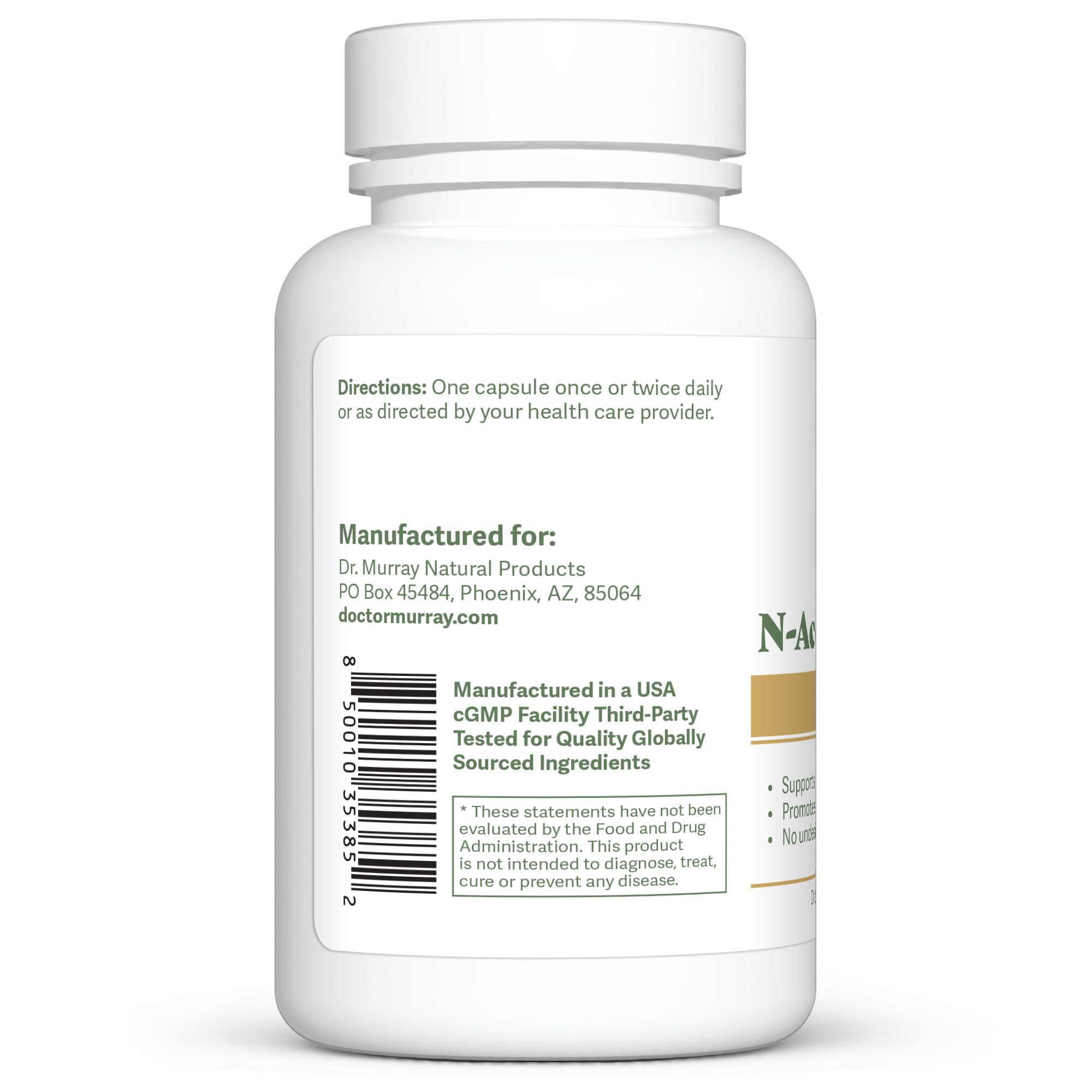 Dr. Murray's Ultra Clean N-Acetylcysteine (NAC) 600 mg - 120 Vegan Capsules count bottle left-side view with directions label visible