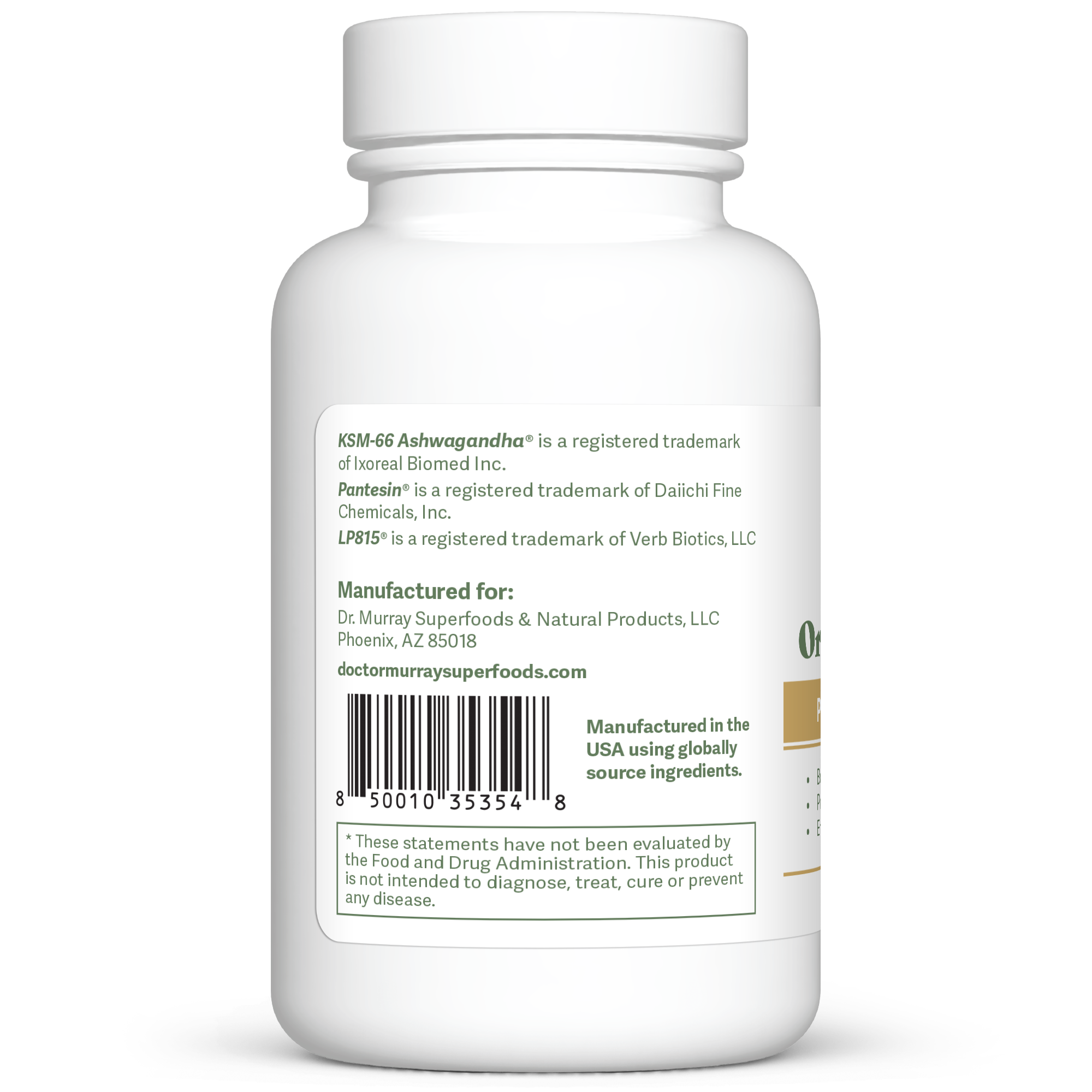 Dr. Murray's Organic KSM-66 Ashwagandha Plus - 60 Vegan Capsules bottle left-side view with directions label visible
