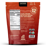 The back Dr. Murray Natural Products plant-based protein pumpkin spice powder pouch, showing the nutrition facts panel, ingredients description, and certification logos.